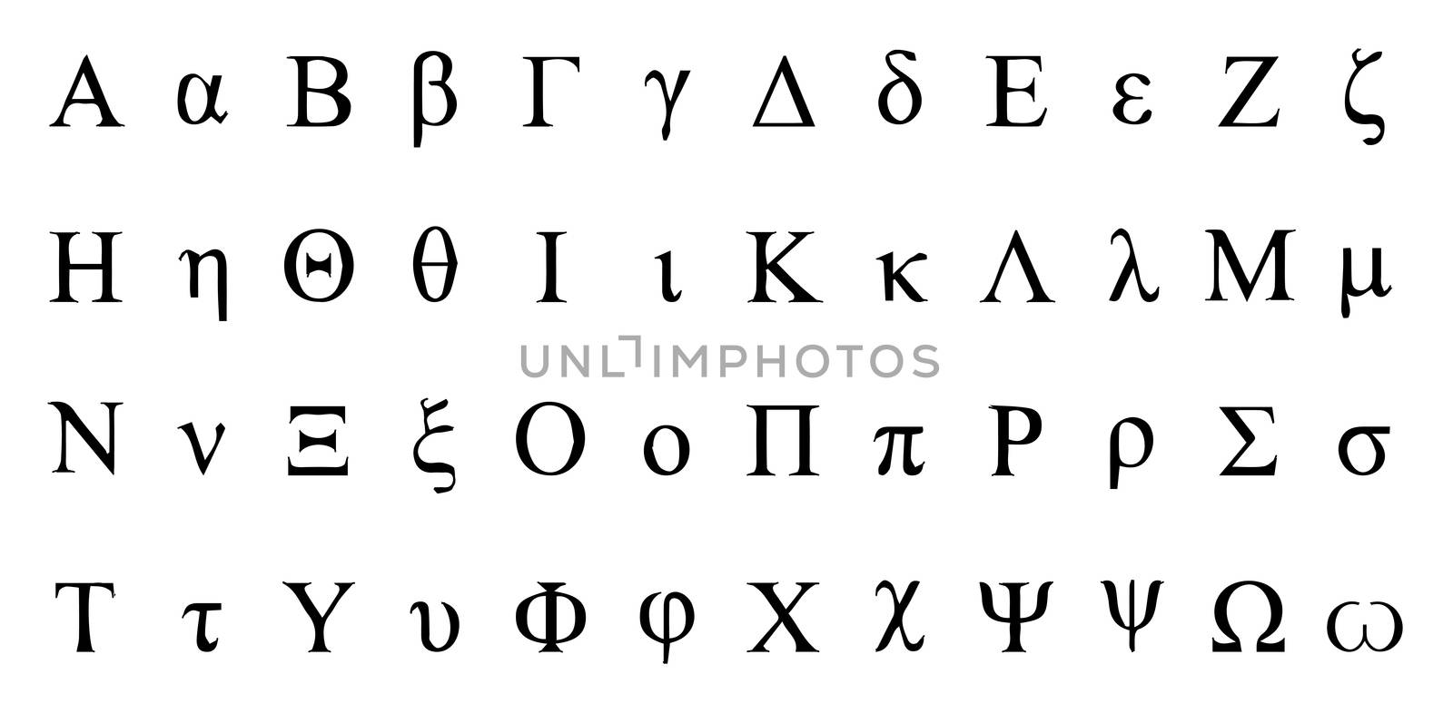 The Greek alphabet in large and small letters isolated on white