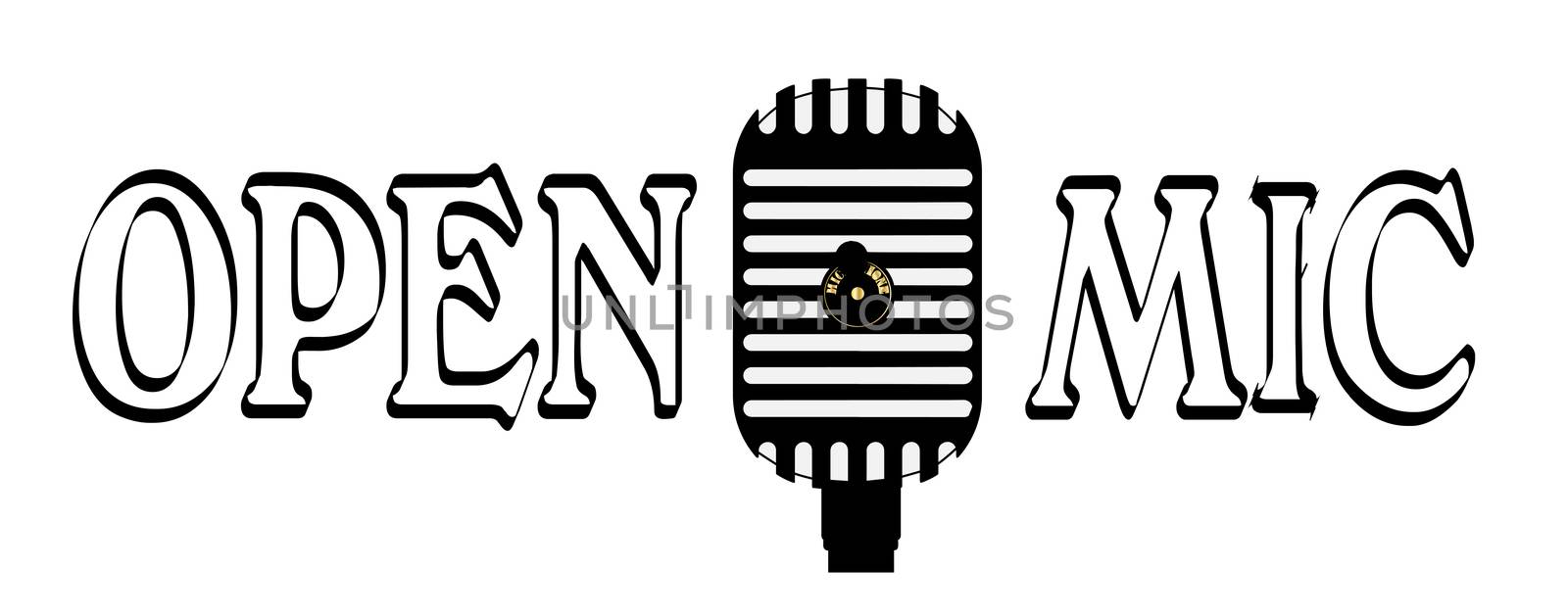 A microphone with the legend OPEN MIC all isolated on a white background