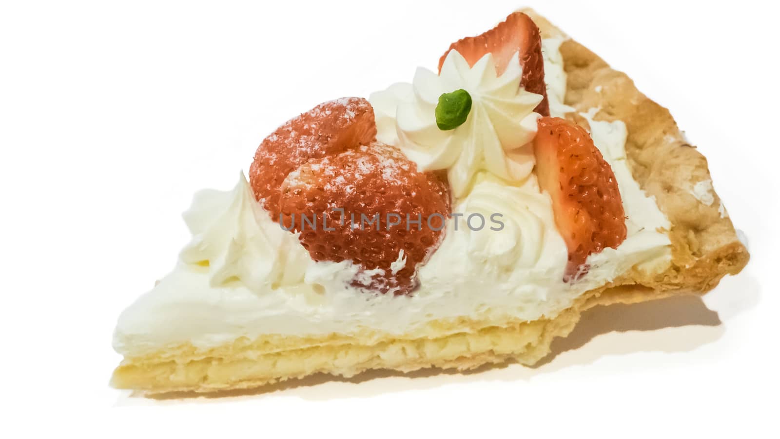 The close up of homemade strawberry pie pastry on white background.