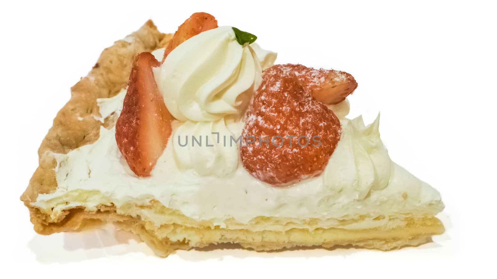 The close up of homemade strawberry pie pastry on white background.