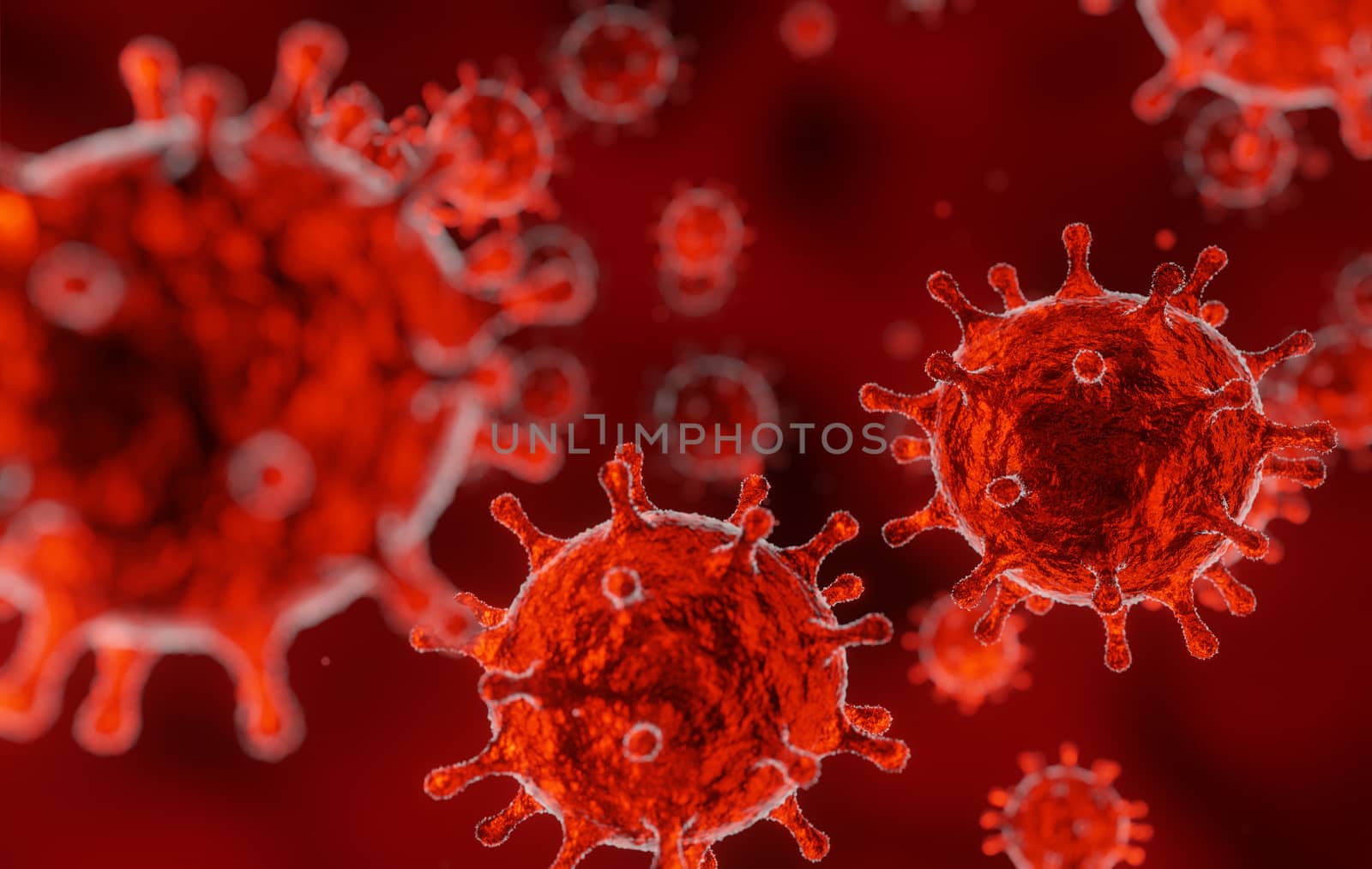 corona virus 2019-ncov flu outbreak, microscopic view of floating virus in red blood, coronavirus pandemic concept, 3D rendering medical background