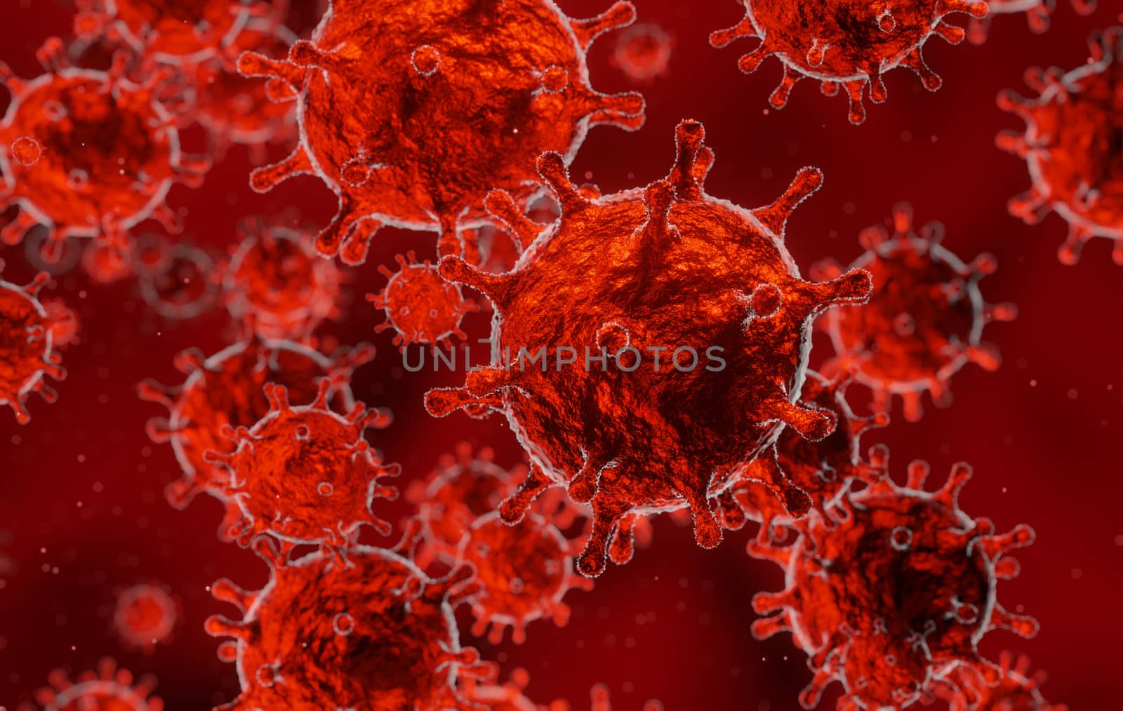 corona virus 2019-ncov flu outbreak, microscopic view of floating virus in red blood background, coronavirus pandemic concept, 3D rendering