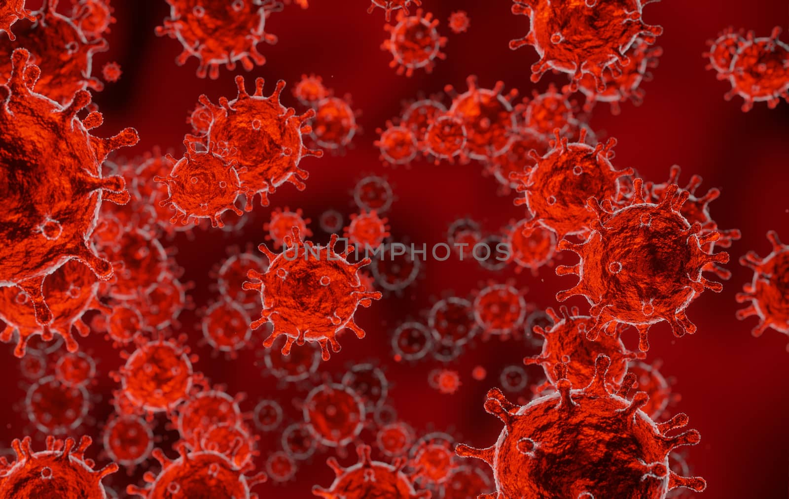 corona virus 2019-ncov flu outbreak, microscopic view of floating virus in red blood background, coronavirus pandemic concept, 3D rendering medical