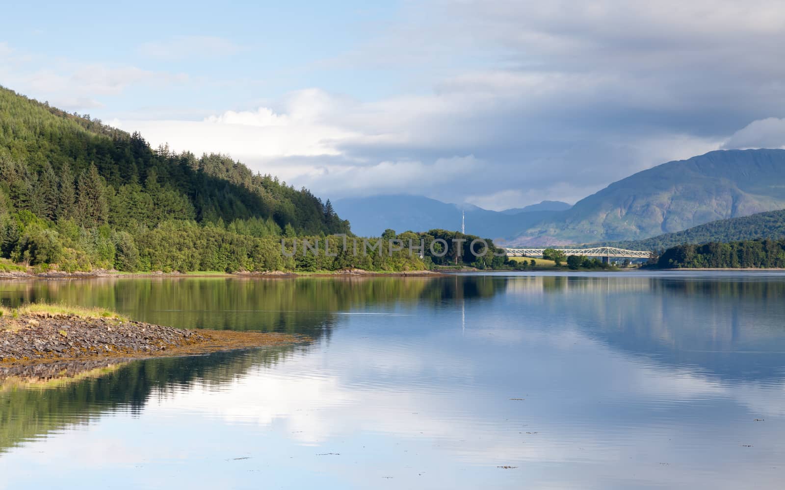 The view across Loch Leven from Ballachulish towards Ballachulish Bridge in the Scottish highlands.  Loch Leven is a sea loch on the west coast of Scotland.