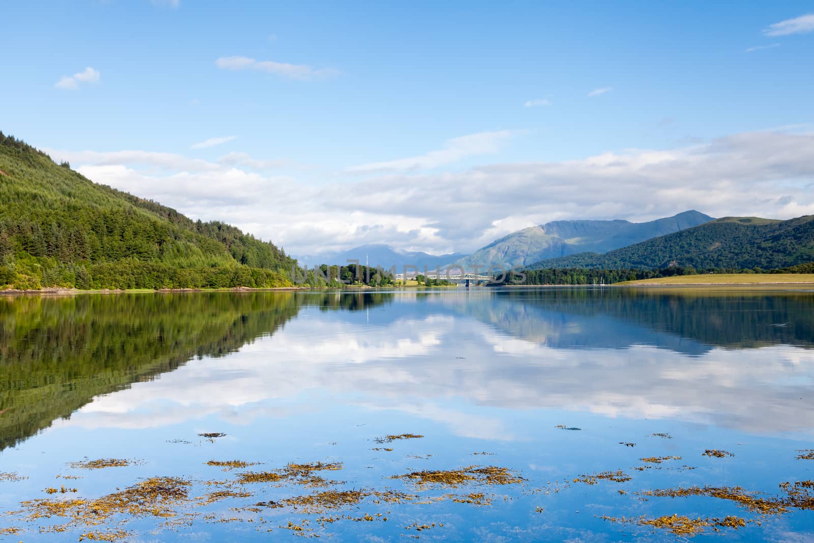 The view across Loch Leven from Ballachulish towards Ballachulish Bridge in the Scottish highlands.  Loch Leven is a sea loch on the west coast of Scotland.