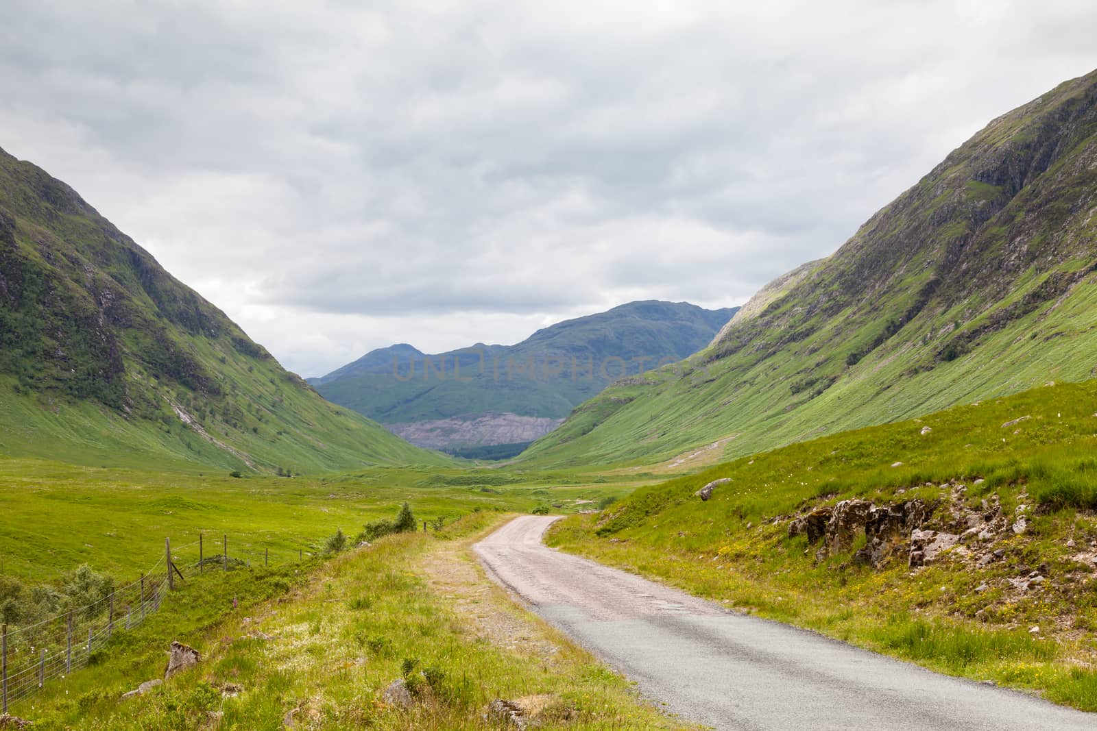 The view looking down Glen Etive in the Scottish highlands.