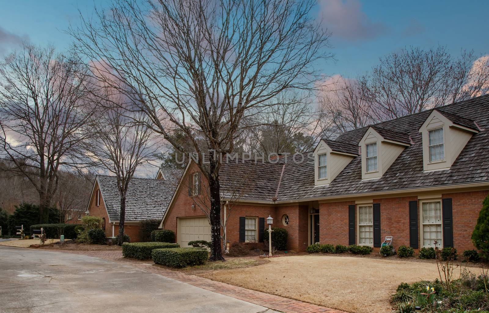 A community of brick cluster homes with common driveway