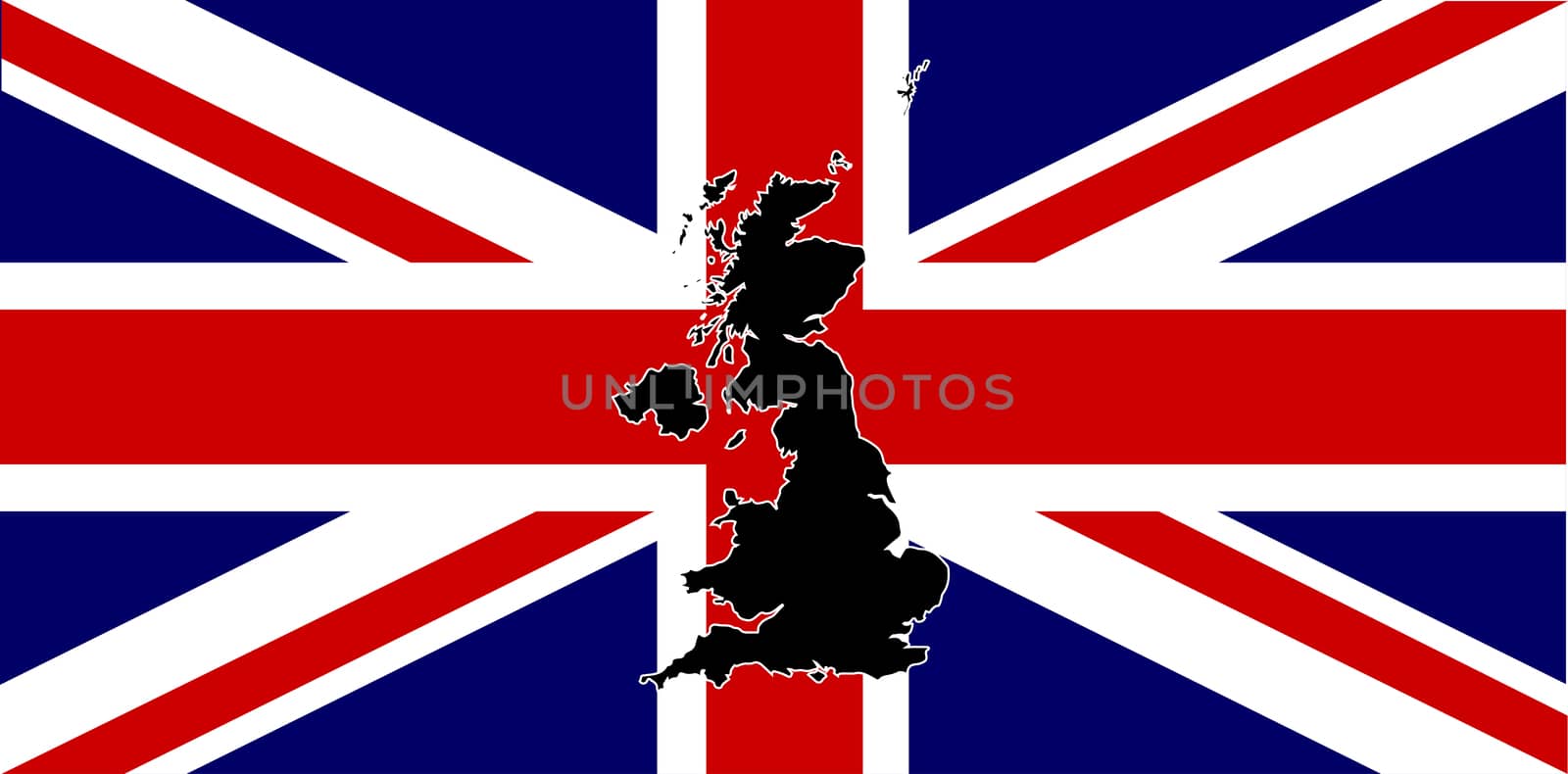 A silhouette of the United Kingdom set over a union flag.