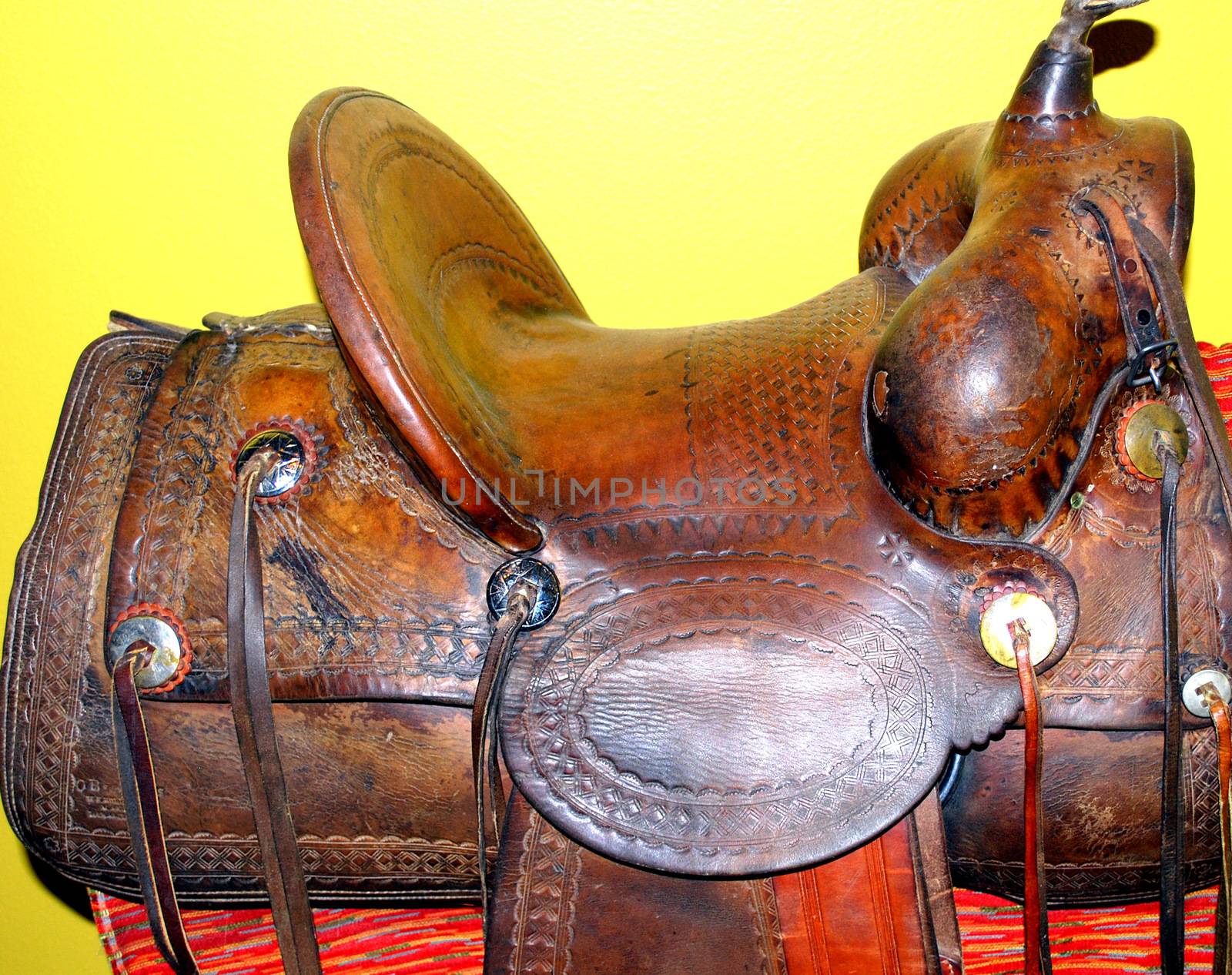 Country and western vintage saddle displayed indoors.