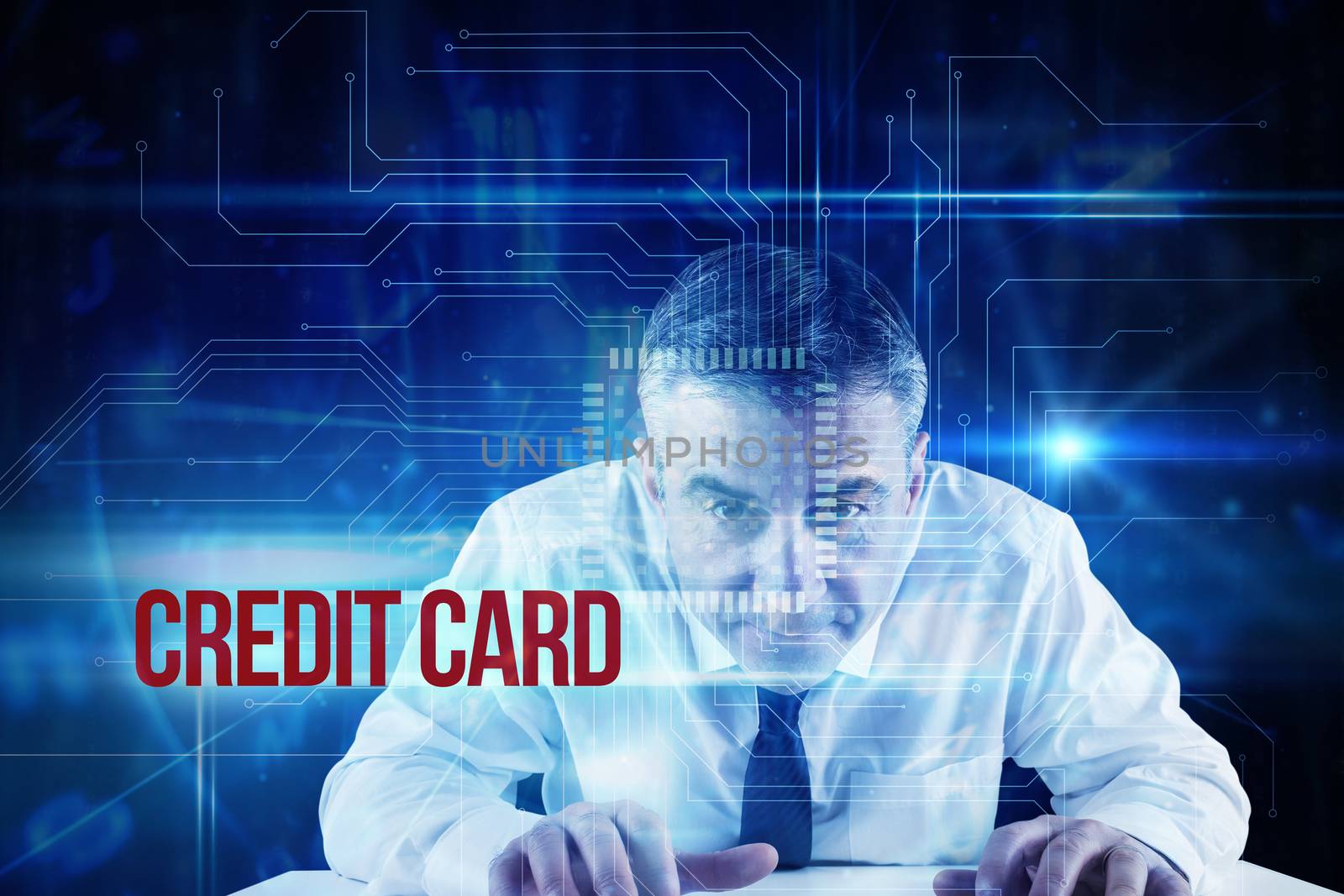 The word credit card and mature businessman typing on keyboard against blue technology interface with circuit board