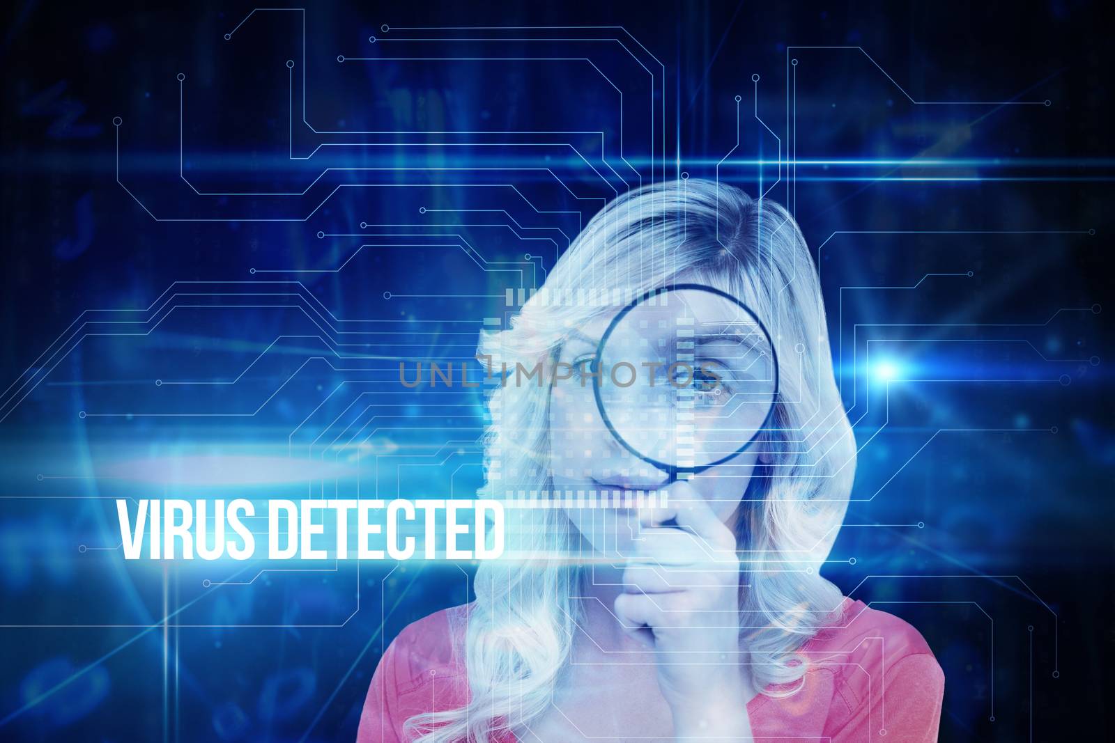 The word virus detected and fair haired woman looking through a magnifying glass against blue technology interface with circuit board