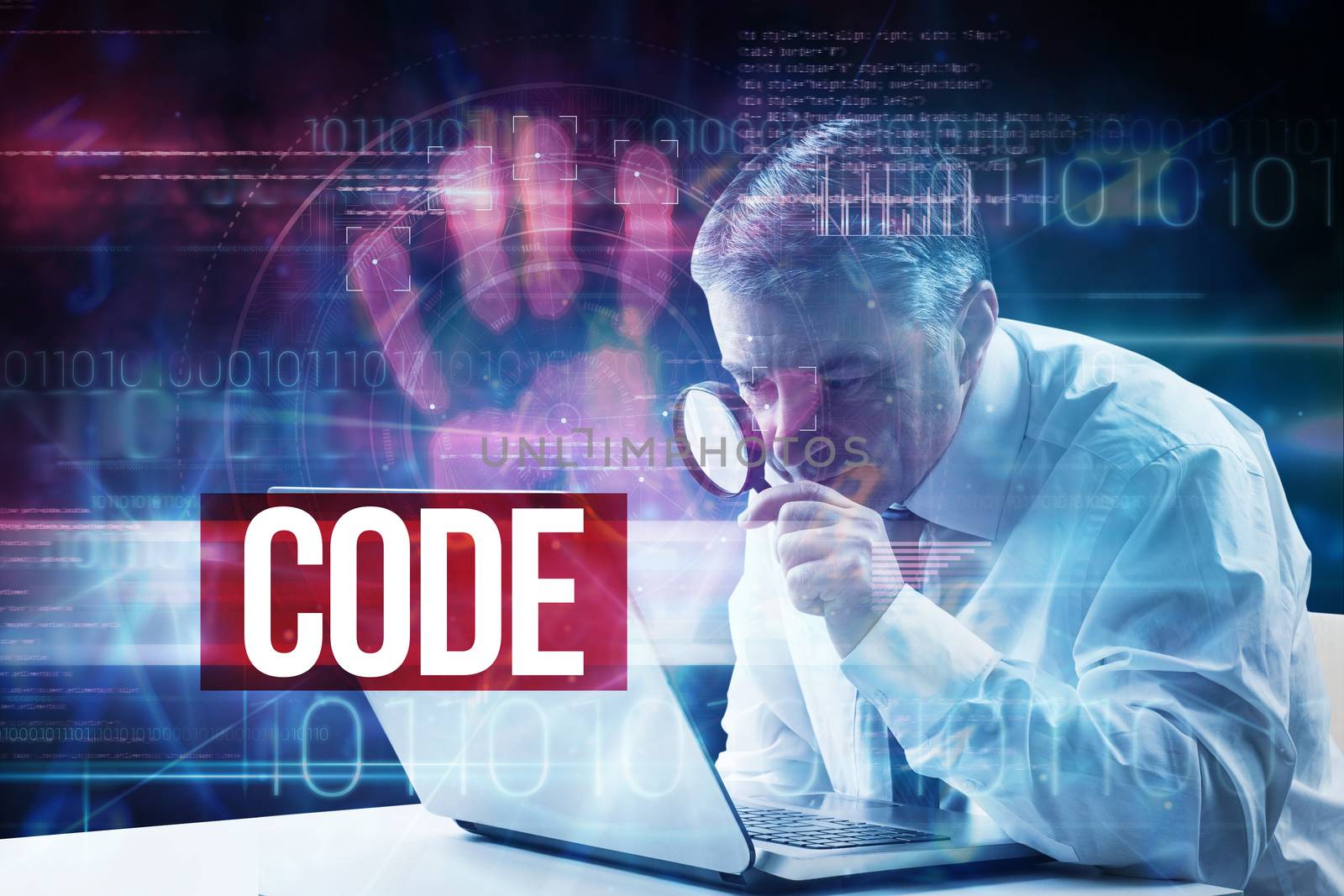 The word code and mature businessman examining with magnifying glass against pink technology hand print interface design