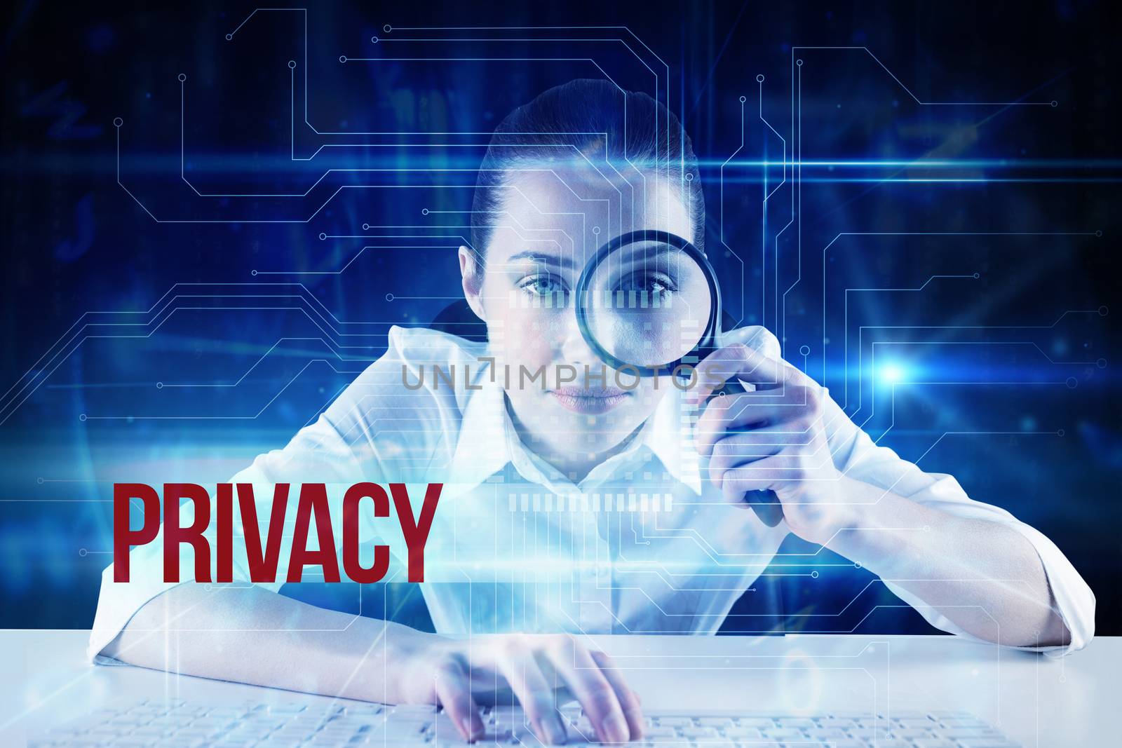 The word privacy and businesswoman typing and looking through magnifying glass against blue technology interface with circuit board