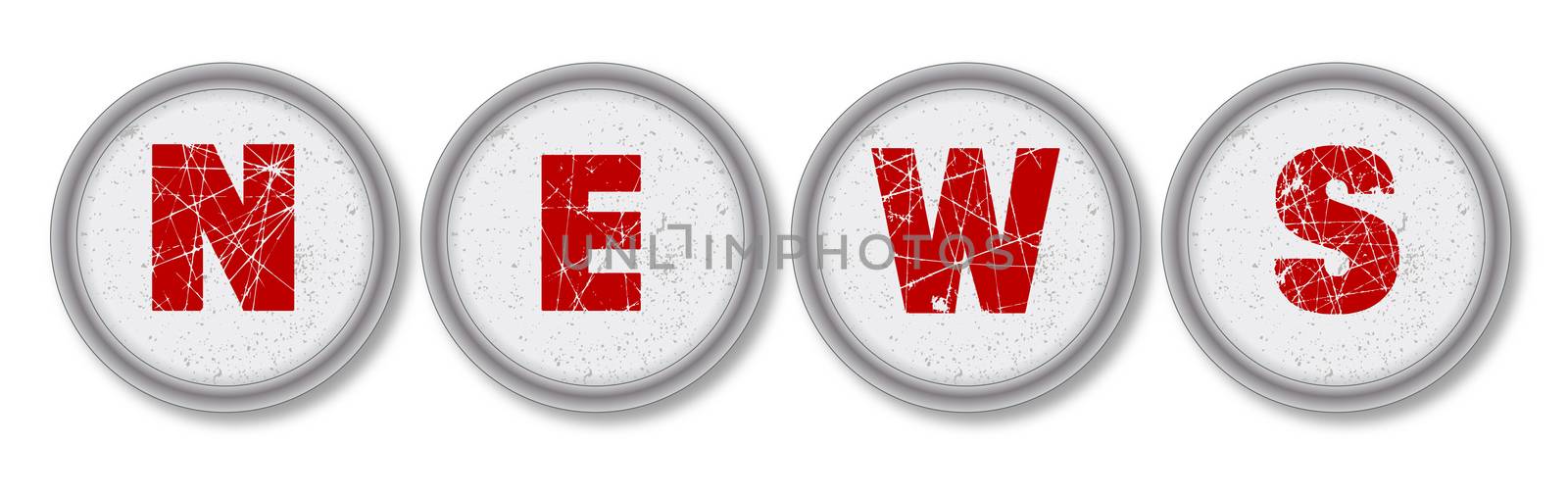 Four typewriter key pads spelling out the word NEWS over a white background