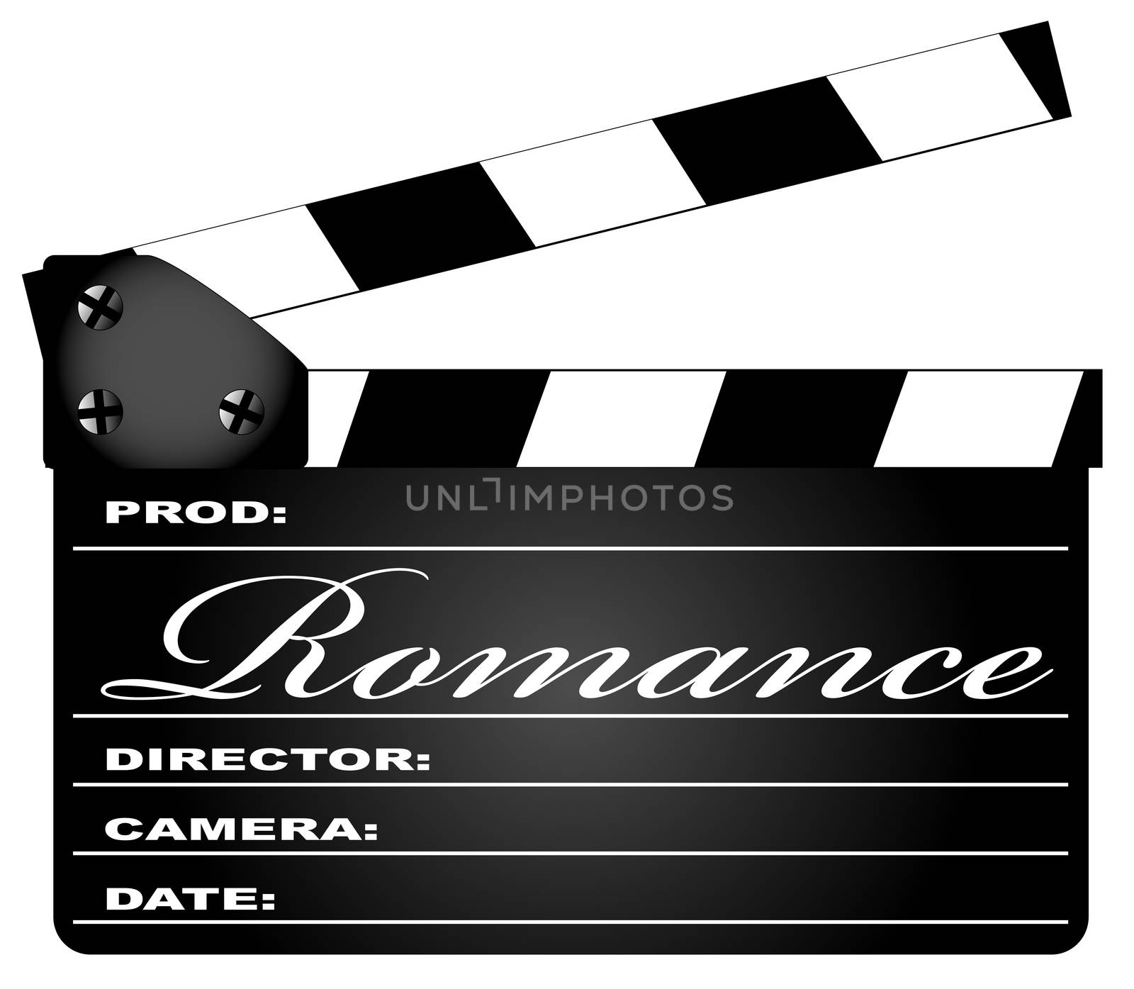 A typical movie clapperboard with the legend ROMANCE isolated on white.
