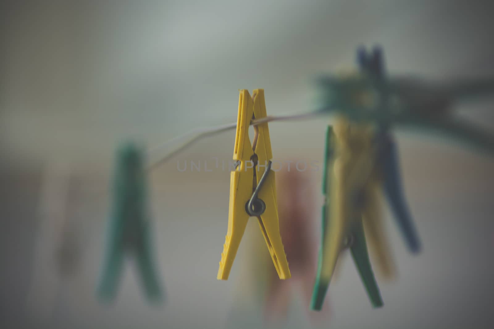 Several colorful pegs on a string missing their clothes buddies.