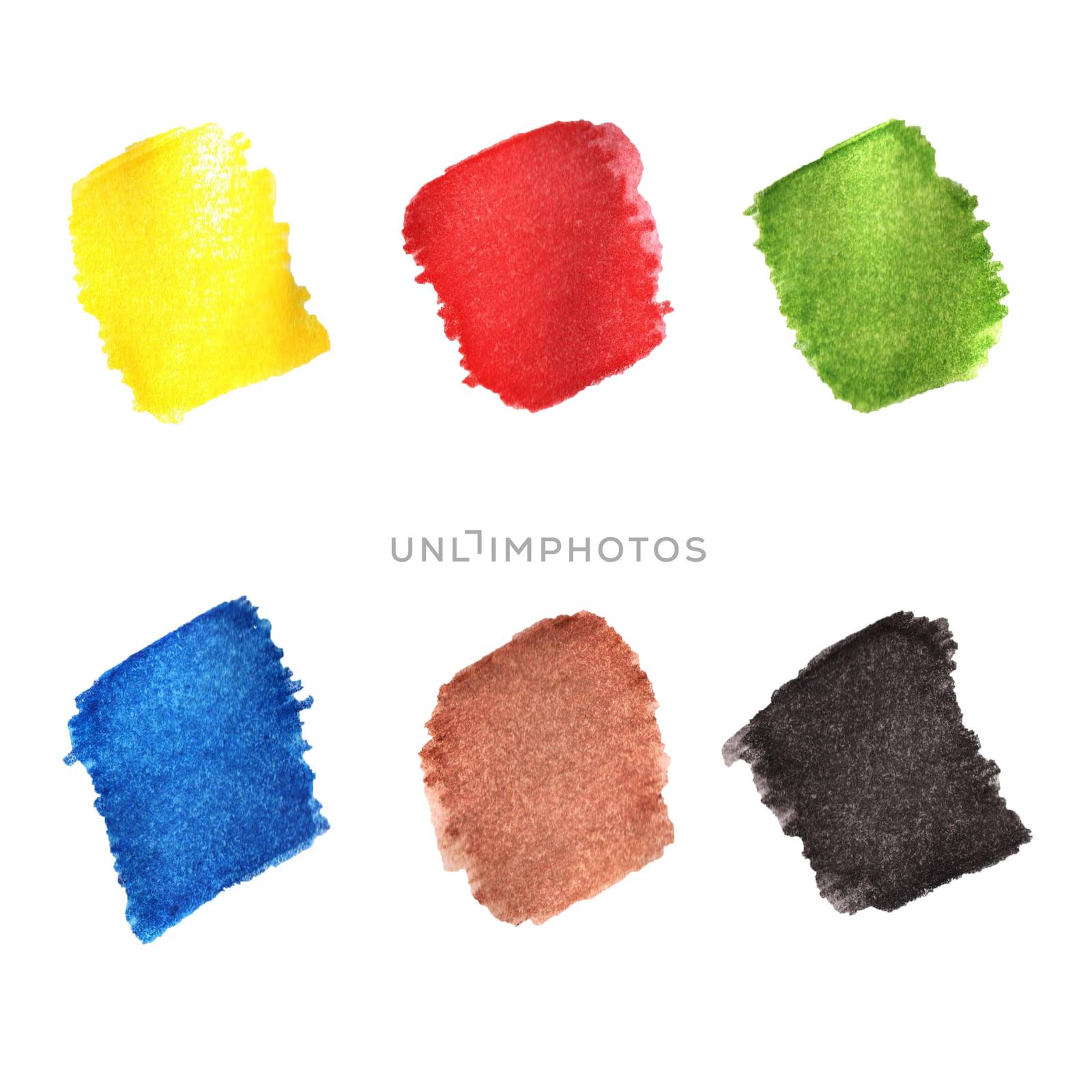 Isolated spots of watercolored pencils on a white background. Six basic colors - yellow, red, green, blue, brown and black.