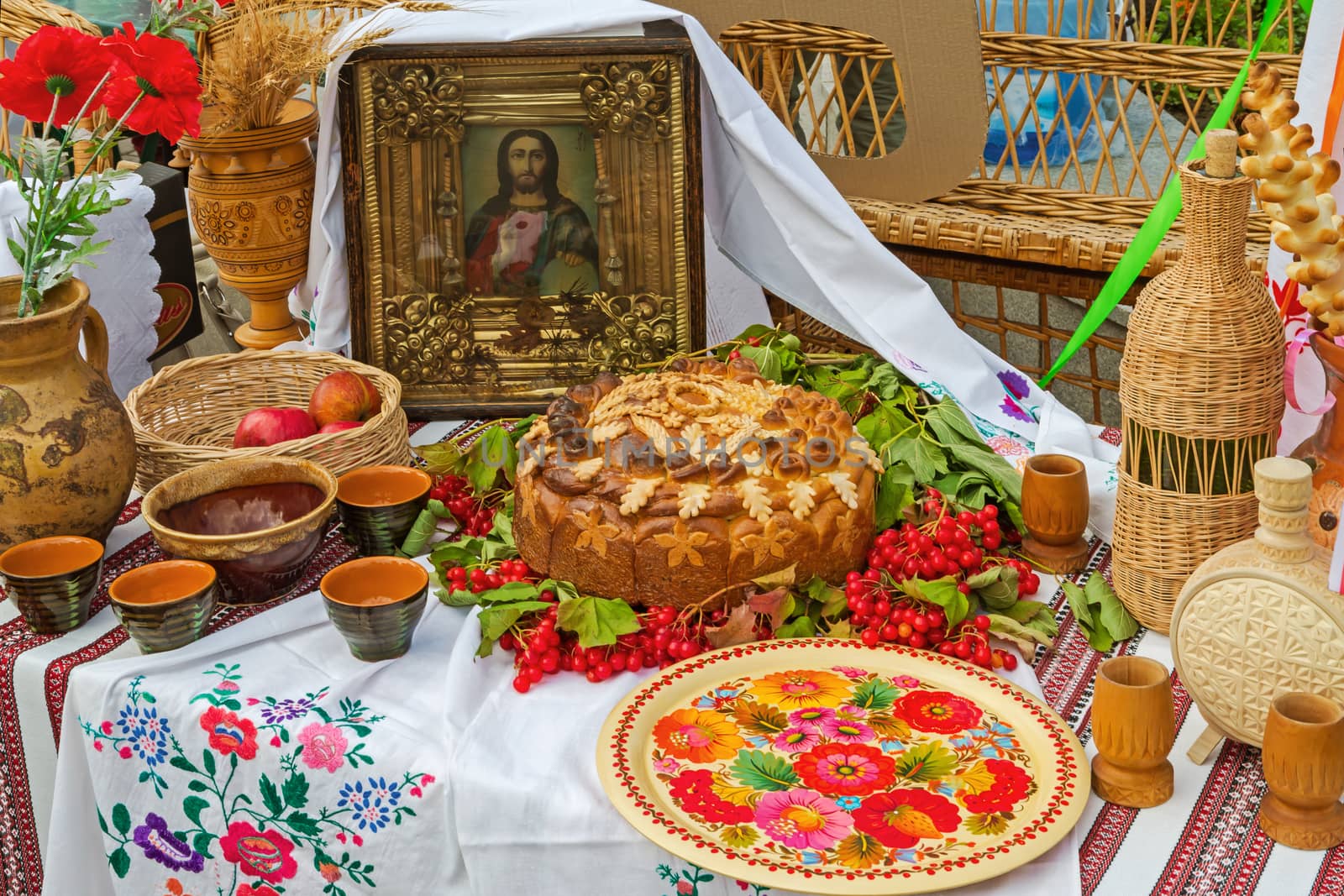 European people's table setting in national Slavic style