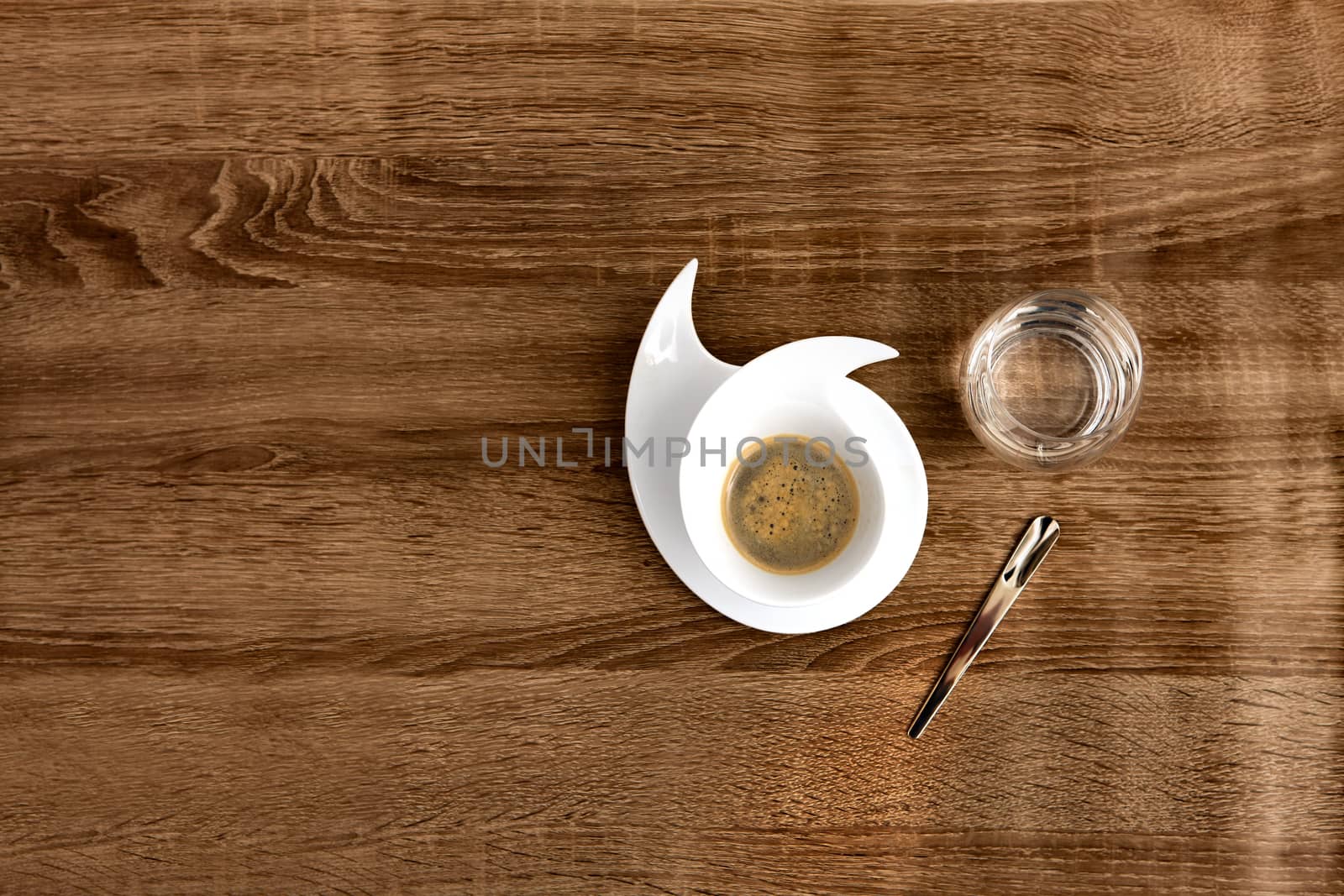 flat design coffee for with water on a wood background