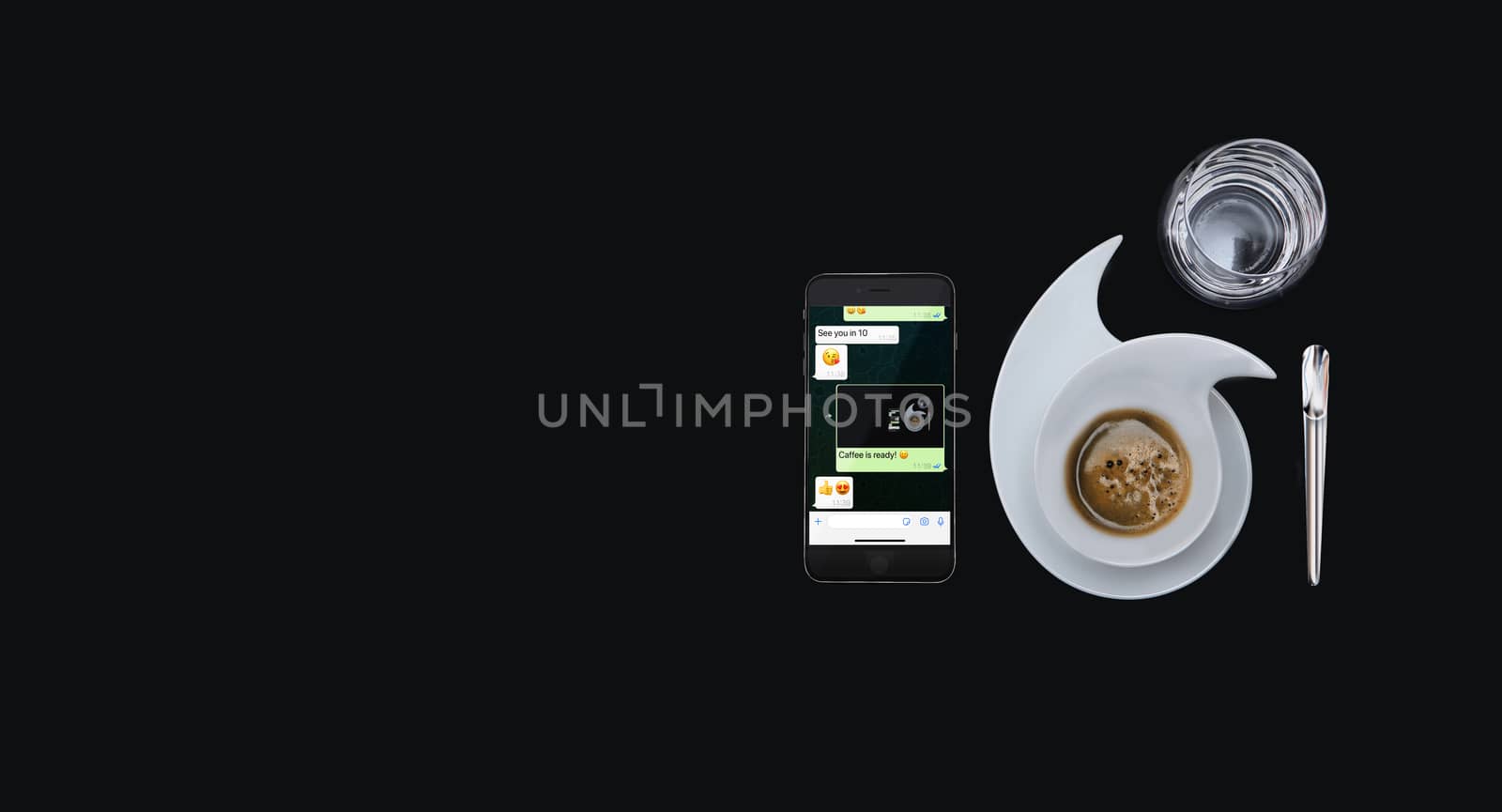flat design coffee for with water on black background