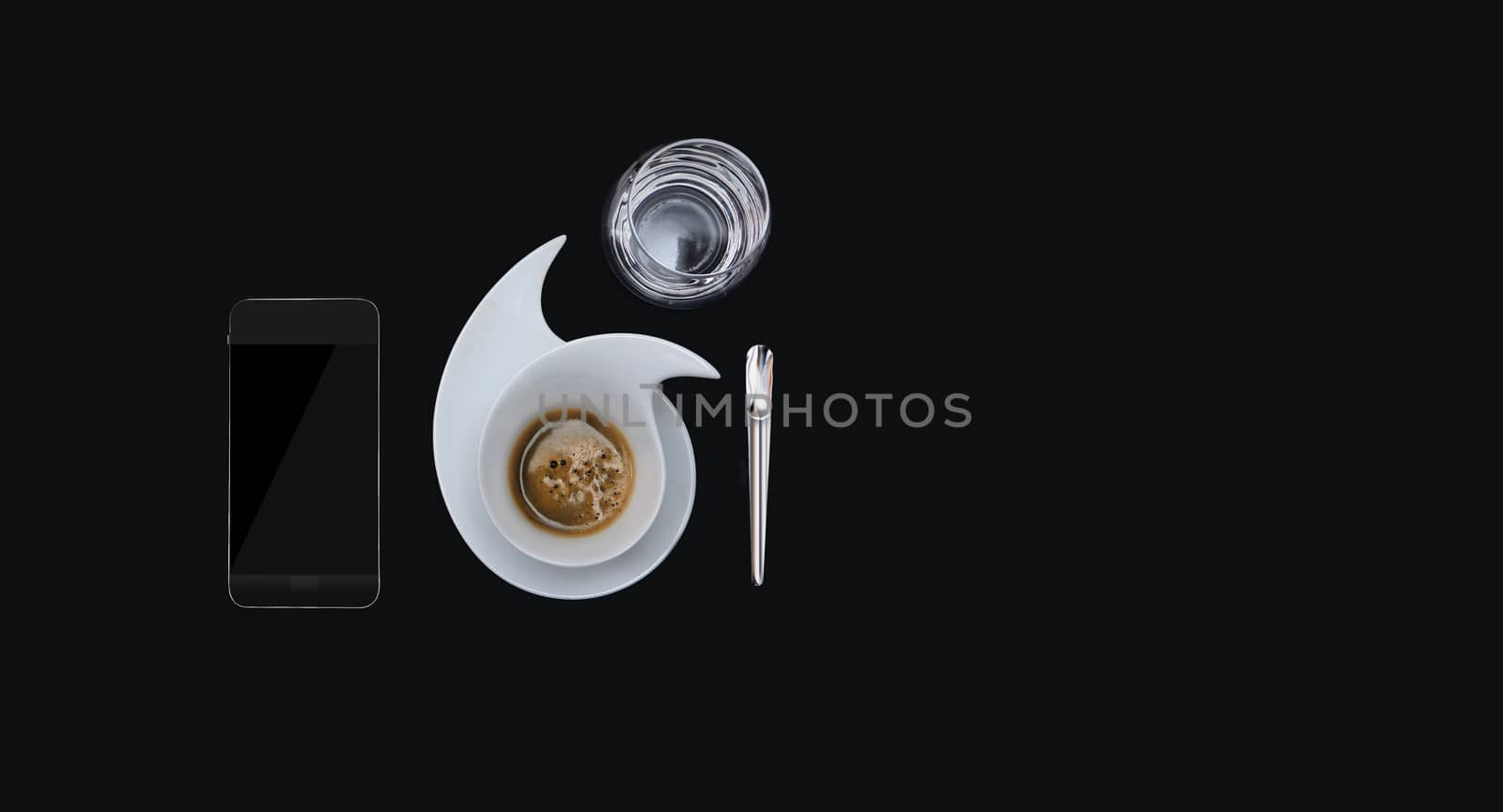 flat design coffee for with water on black background with a spoon