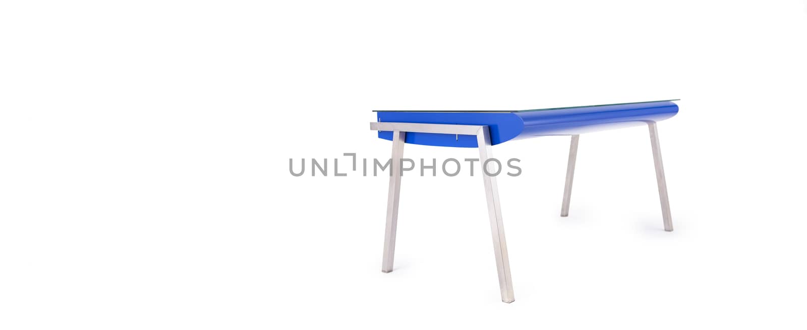 hand made designer table showing framework without table top on white background