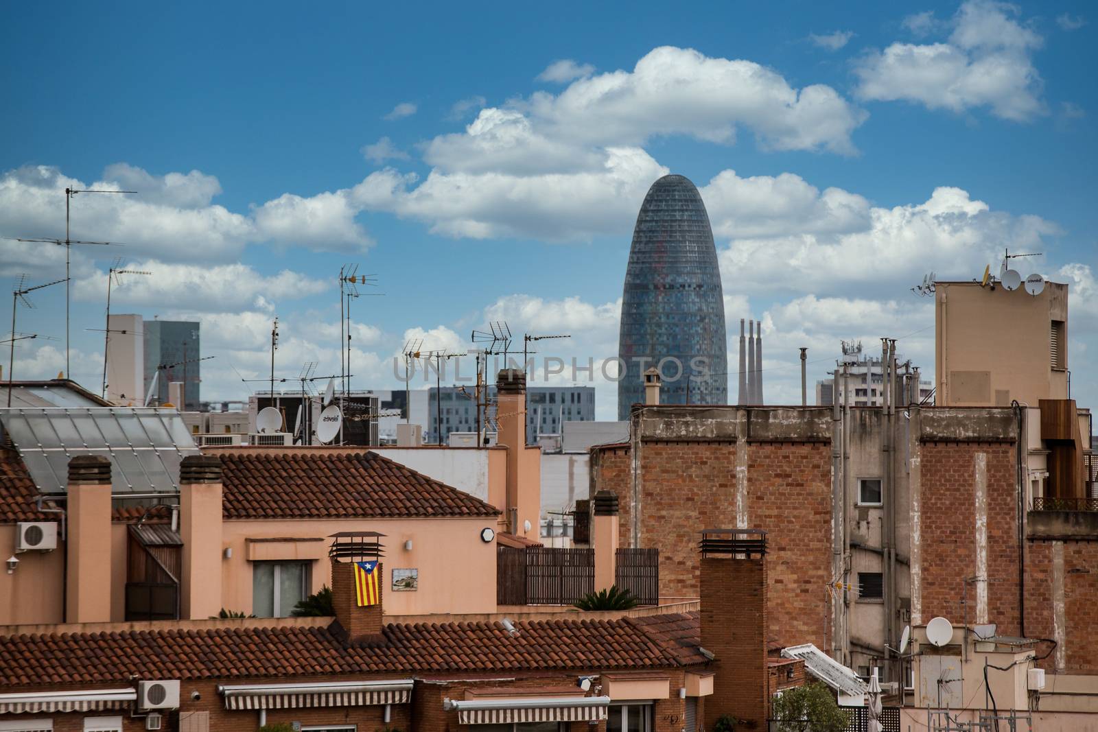 The Torre Agbar building on the skyline of Barcelona