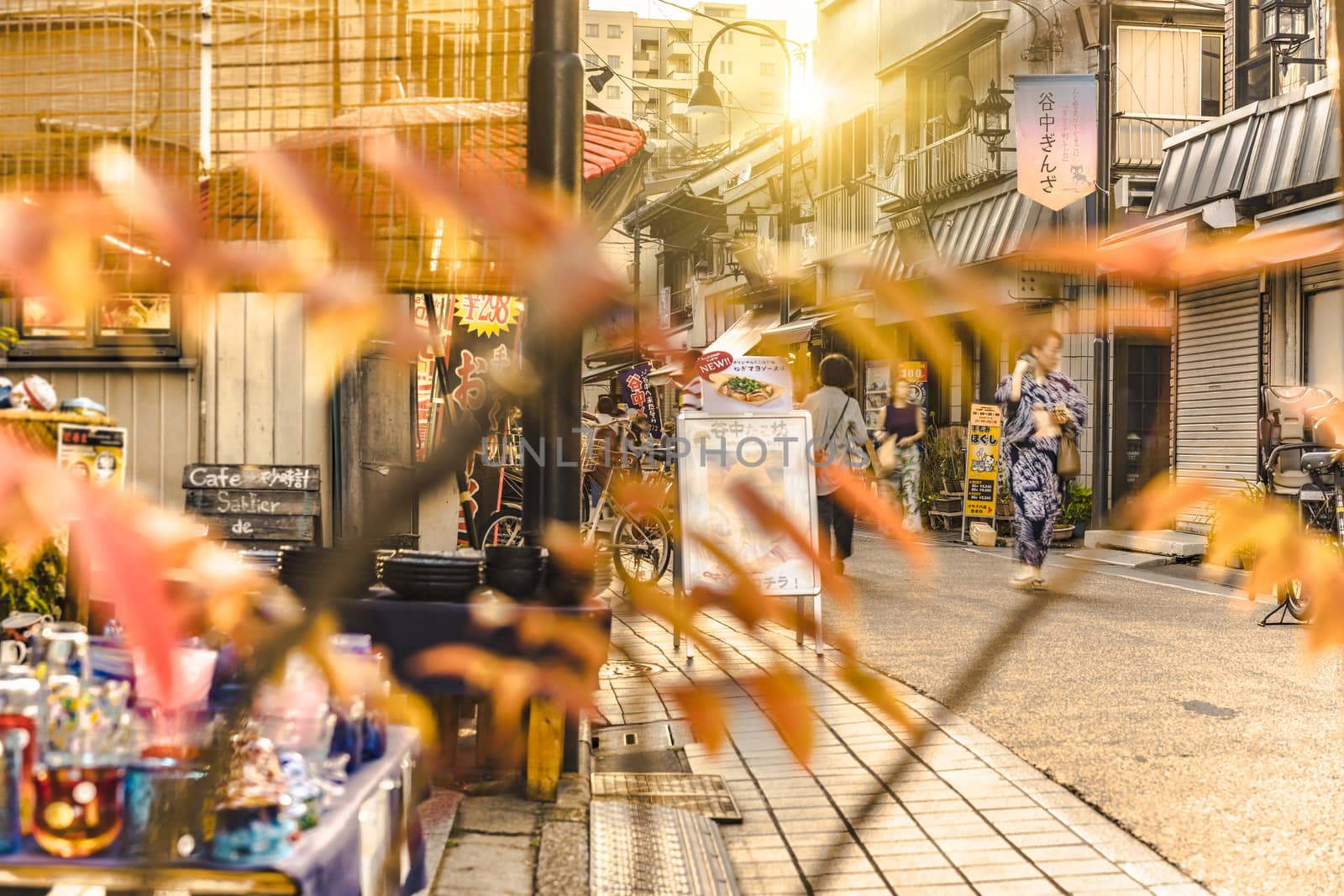 Retro old-fashionned shopping street Yanaka Ginza famous as a spectacular spot for sunset golden hour from the Yuyakedandan stairs which means Dusk Steps at Nishi-Nippori in Tokyo. Yanaka Ginza is also named the Evening Village.