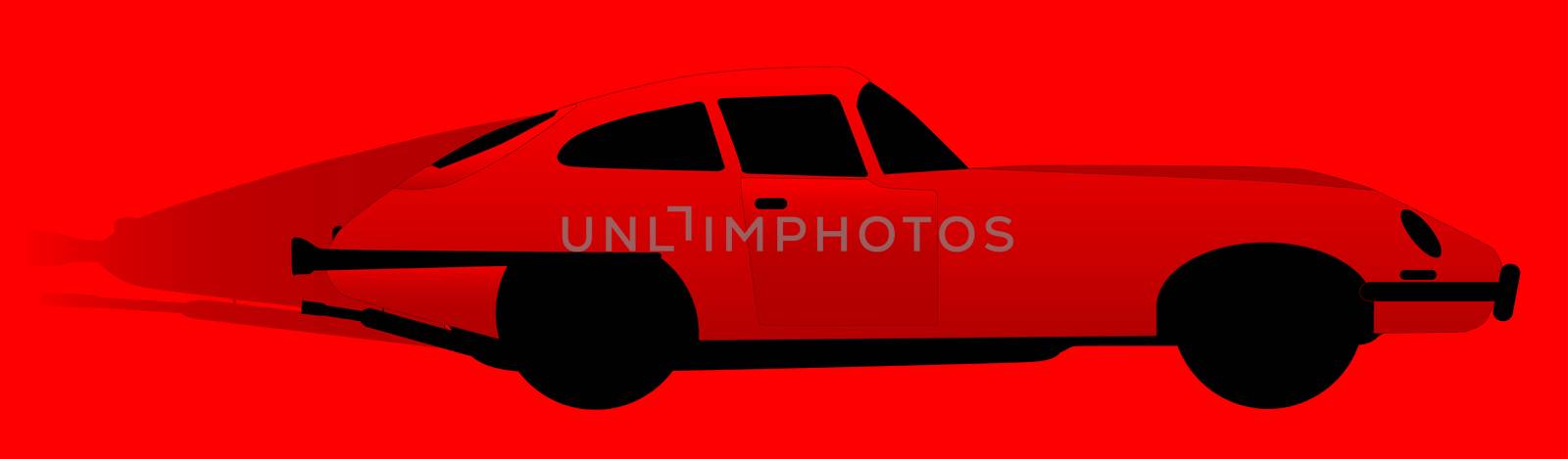 A speeding red British sports car on a red background