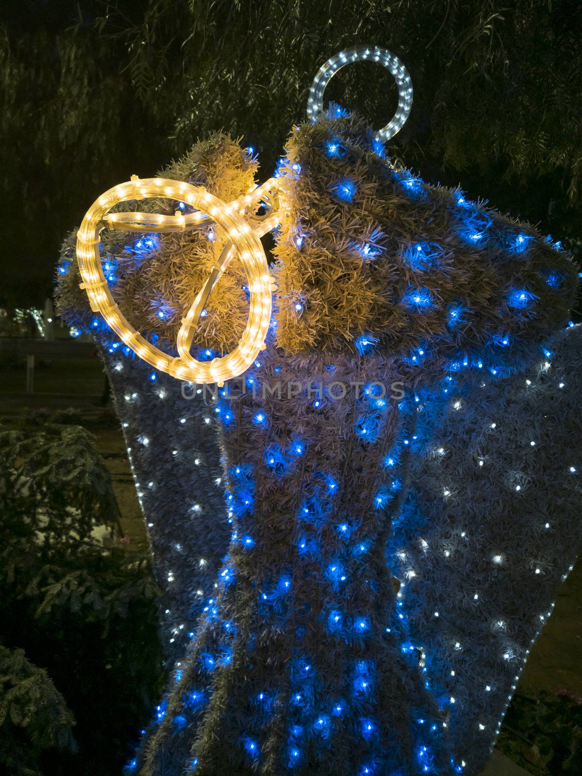 A luminous figure of an Angel in the city of Athens at Christmas. Greece.