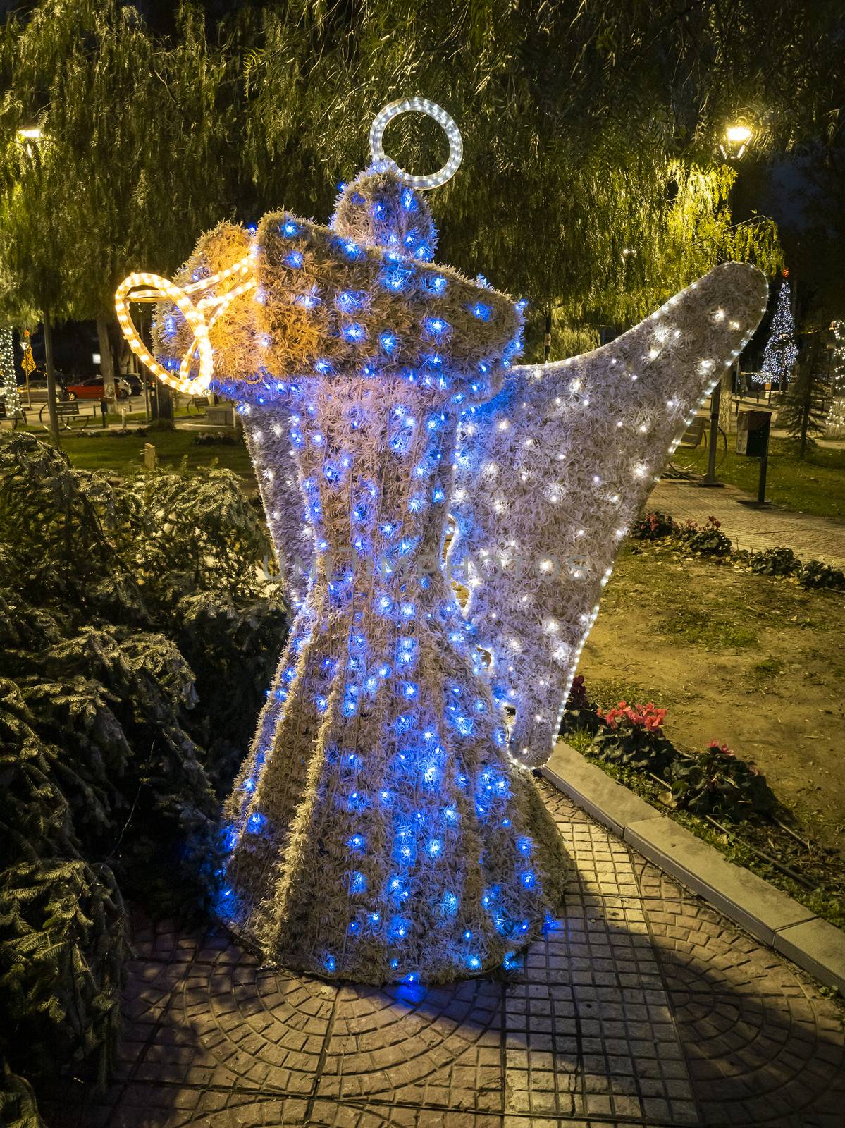 A luminous figure of an Angel in the city of Athens at Christmas. Greece.