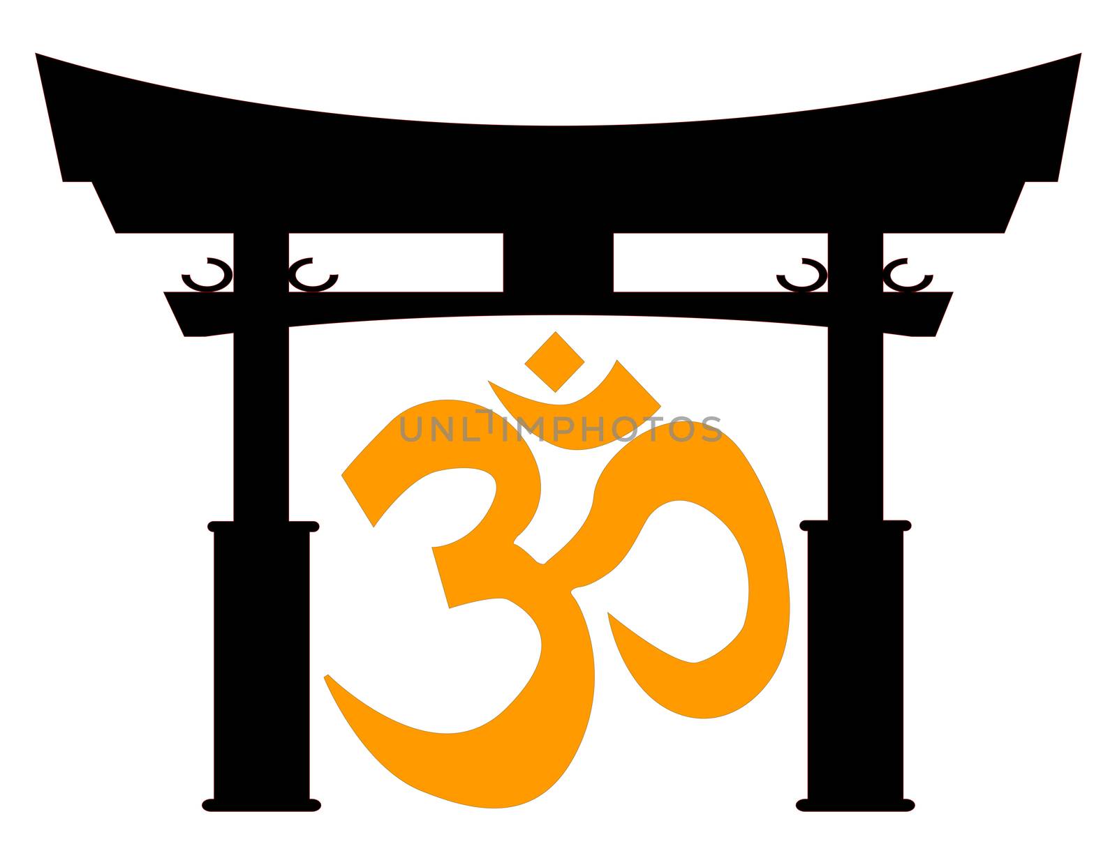 A typical Japanese Tori gate silhouette over white with the om symbol