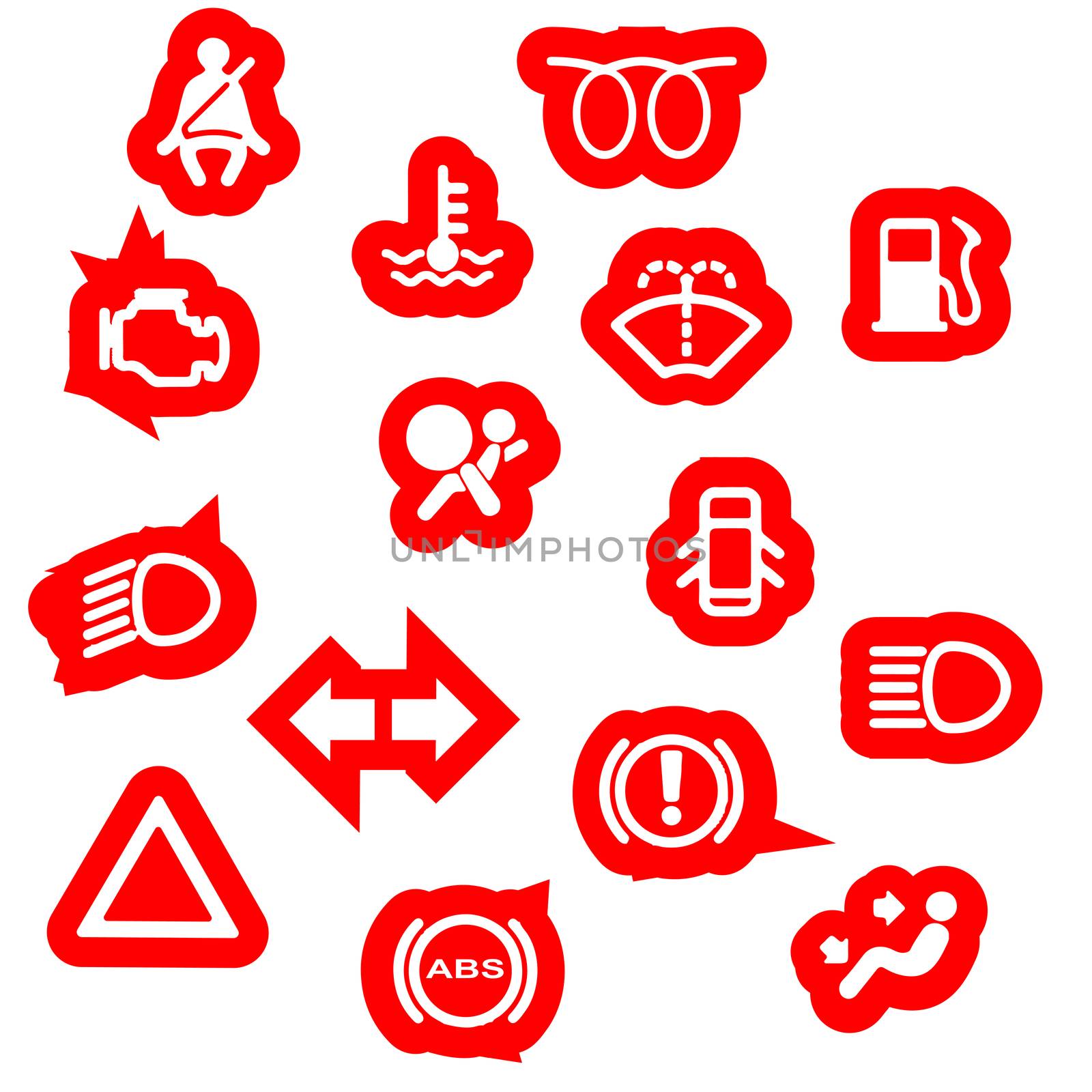 A collection of automobile dash warning light symbols