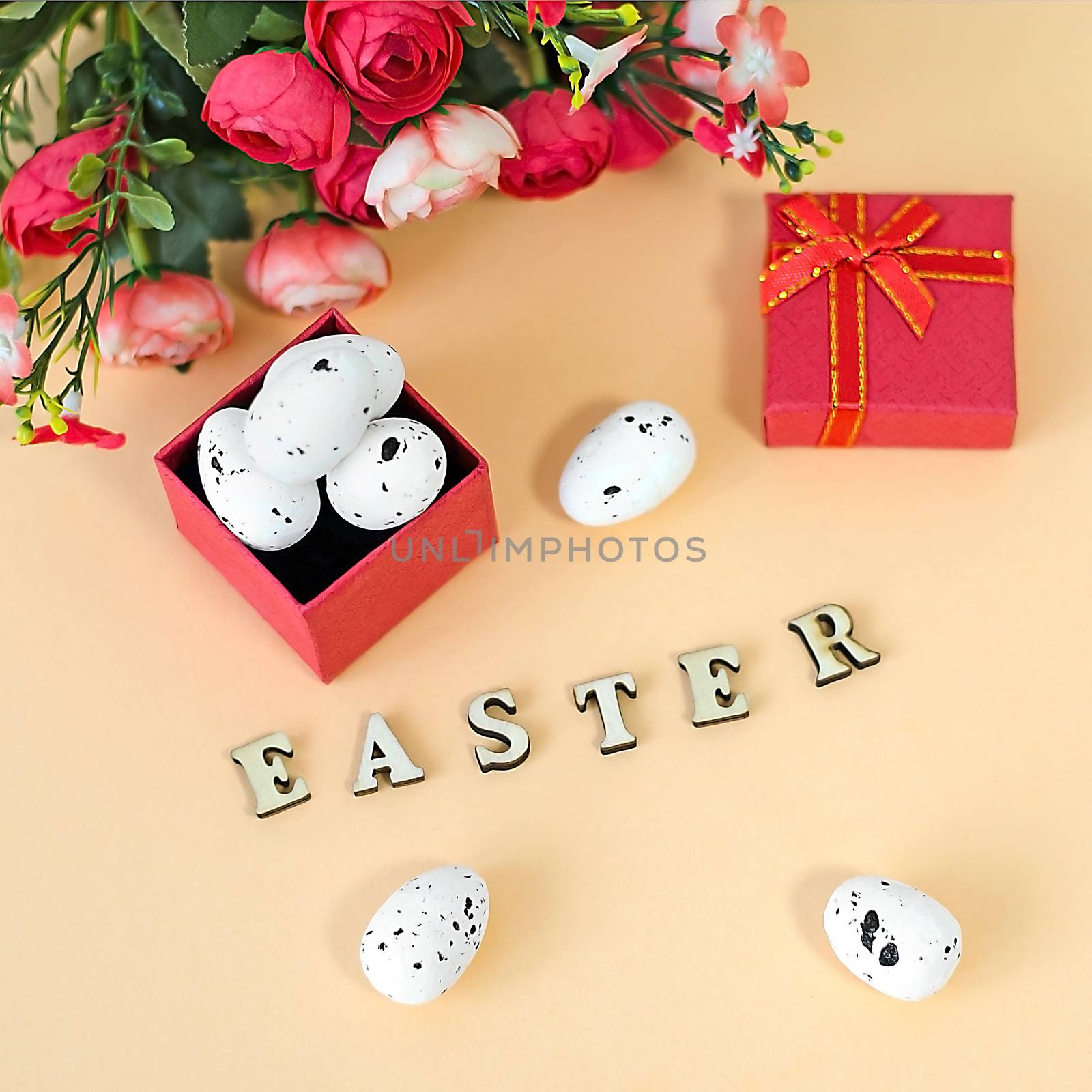 Festive Easter card with a bouquet of roses and a red box by AlisLuch