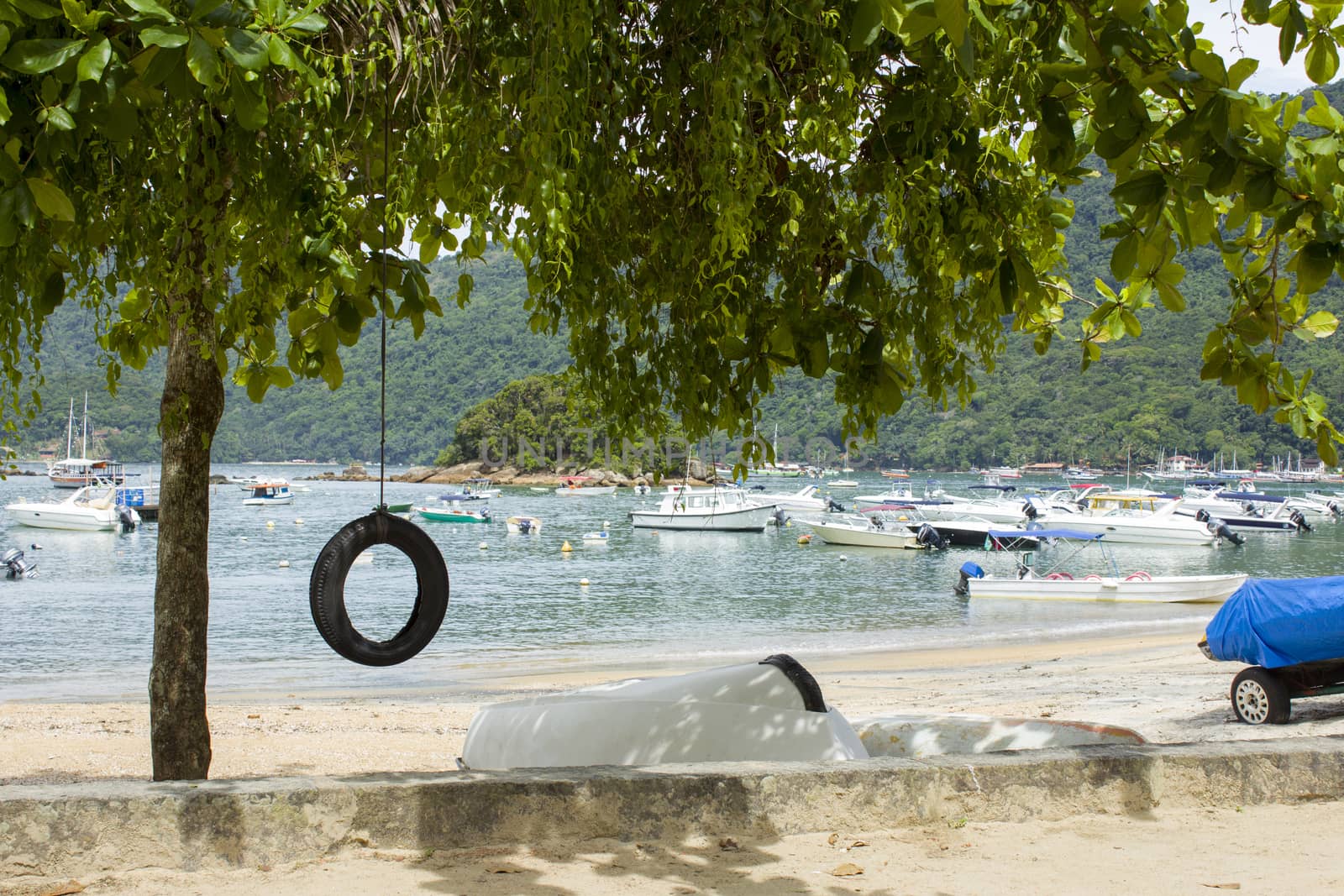 A tire swing on a beach at Ilha Grande, with boats and a forest on the background