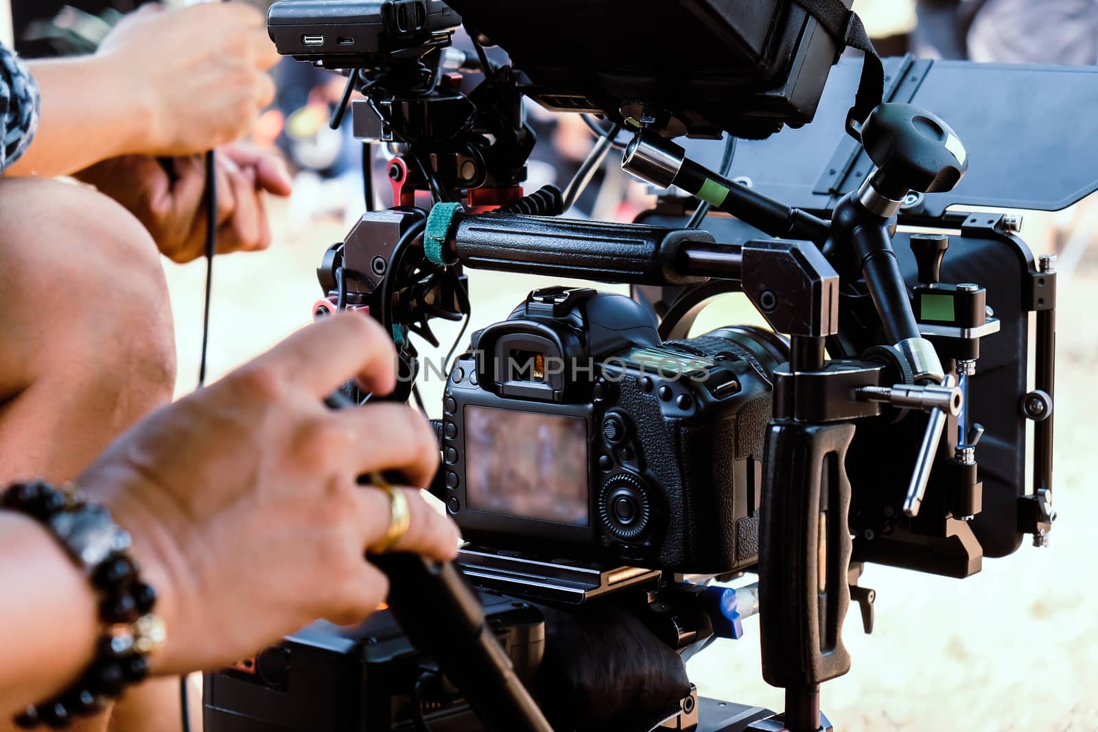 Film industry. Filming with professional camera background