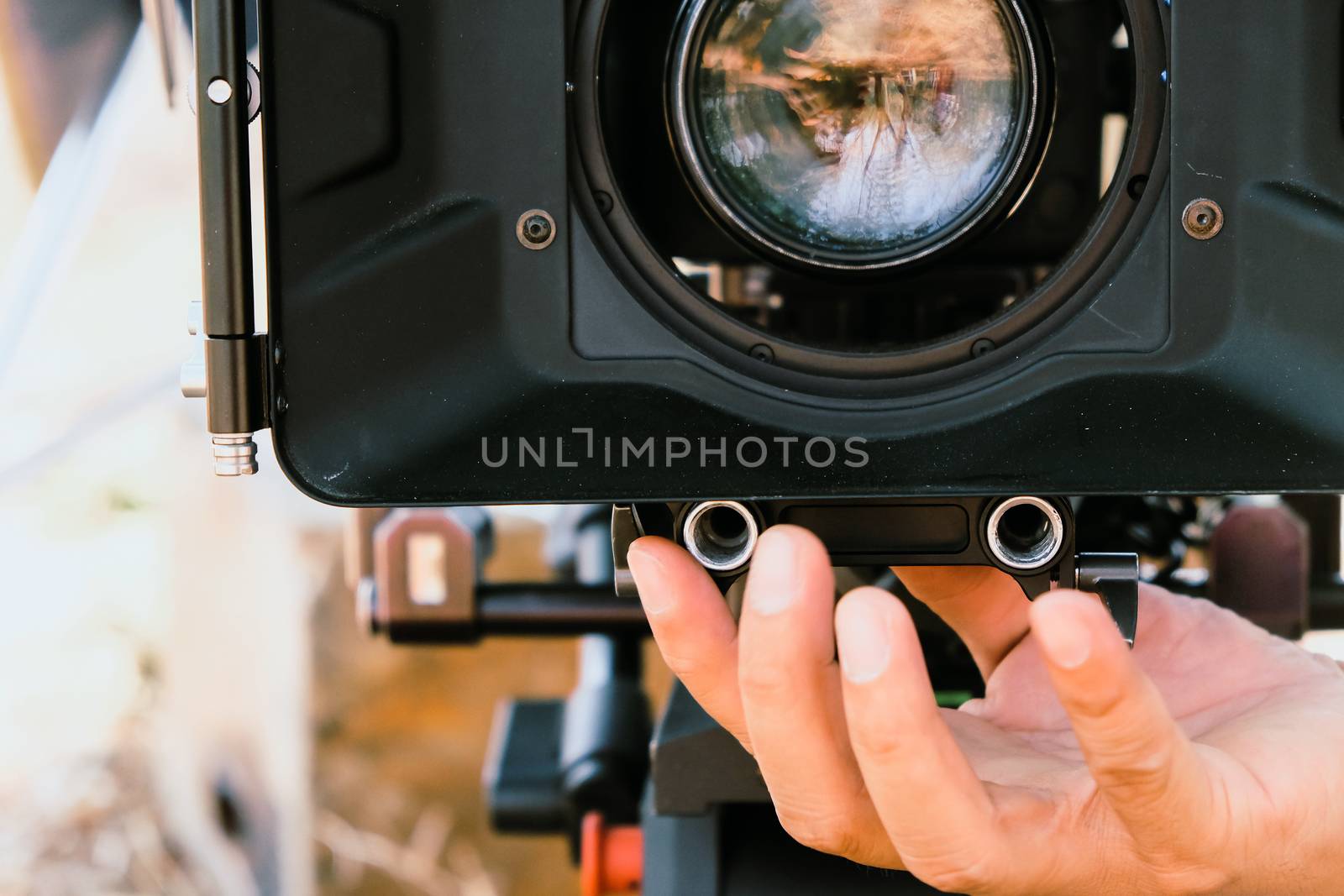 Film industry. Filming with professional camera background