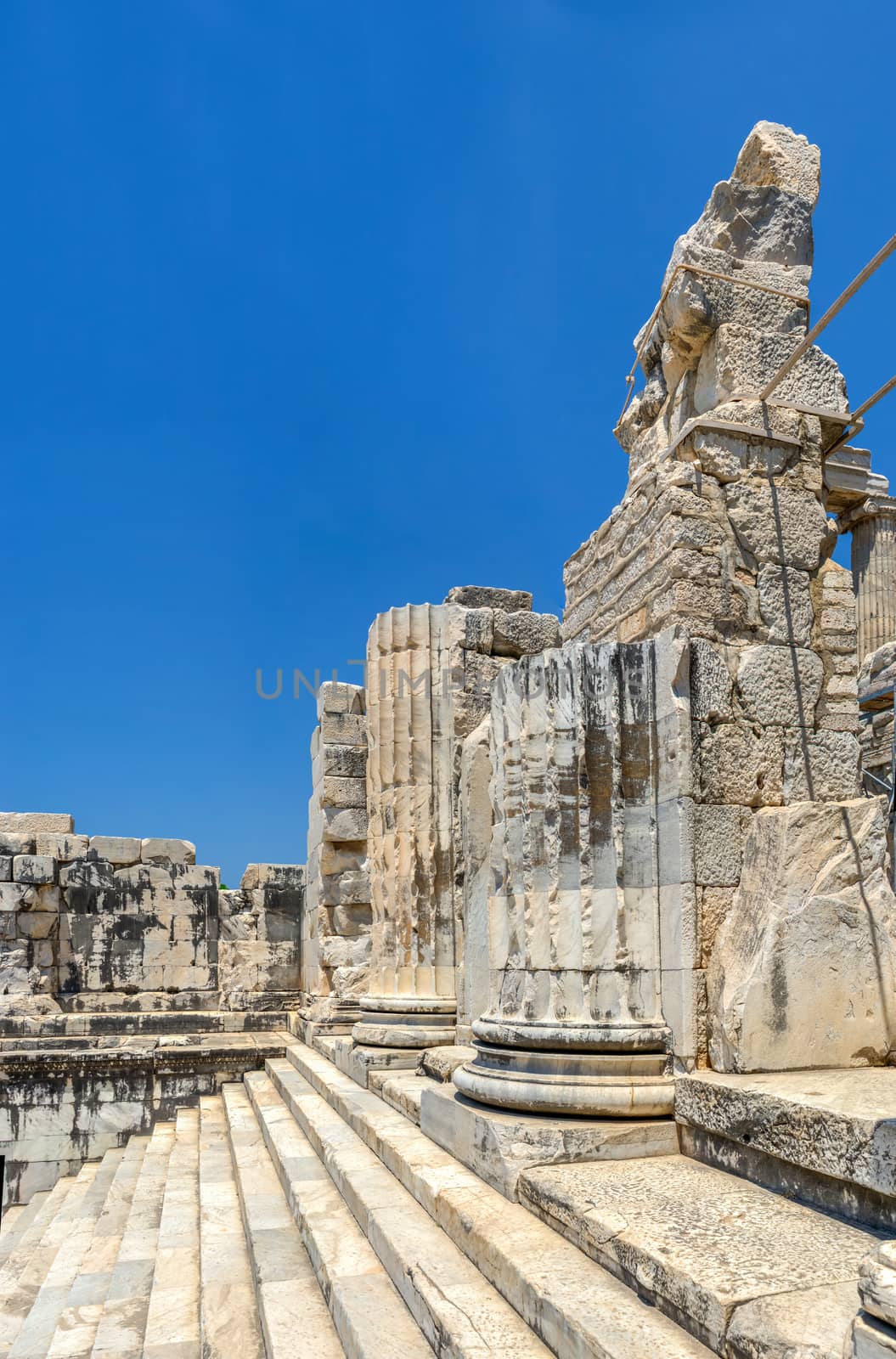 Broken Columns in the Temple of Apollo at Didyma, Turkey, on a sunny summer day