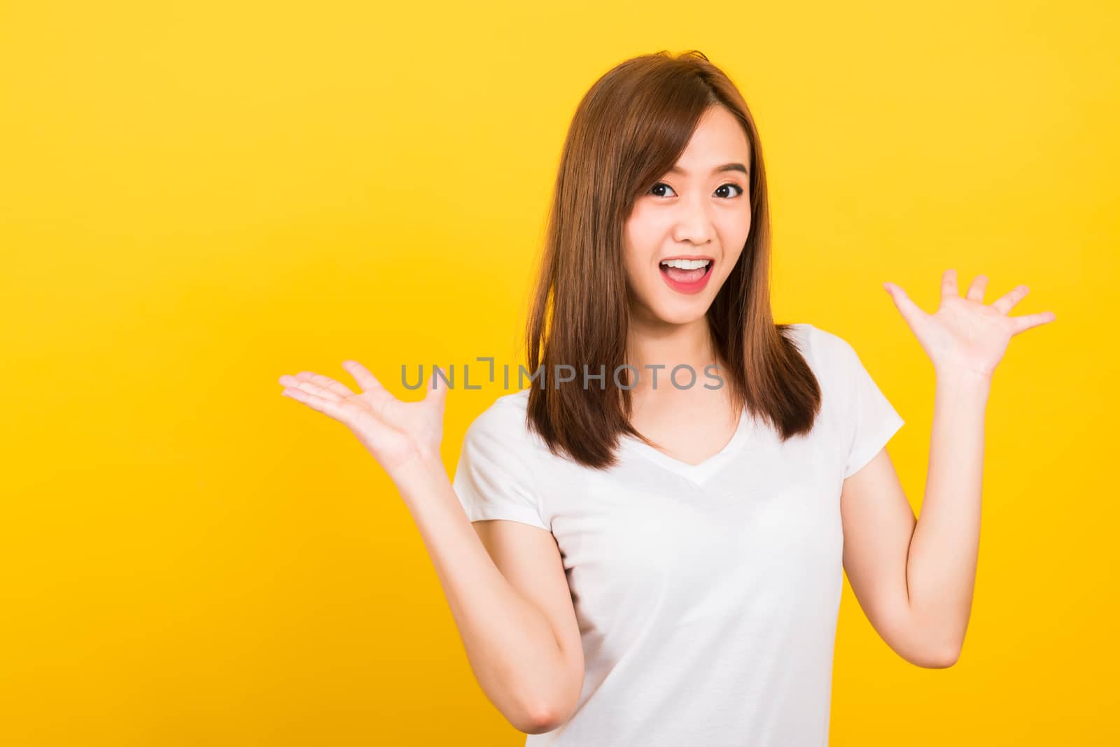 woman teen standing Surprised excited screaming open mouth show  by Sorapop