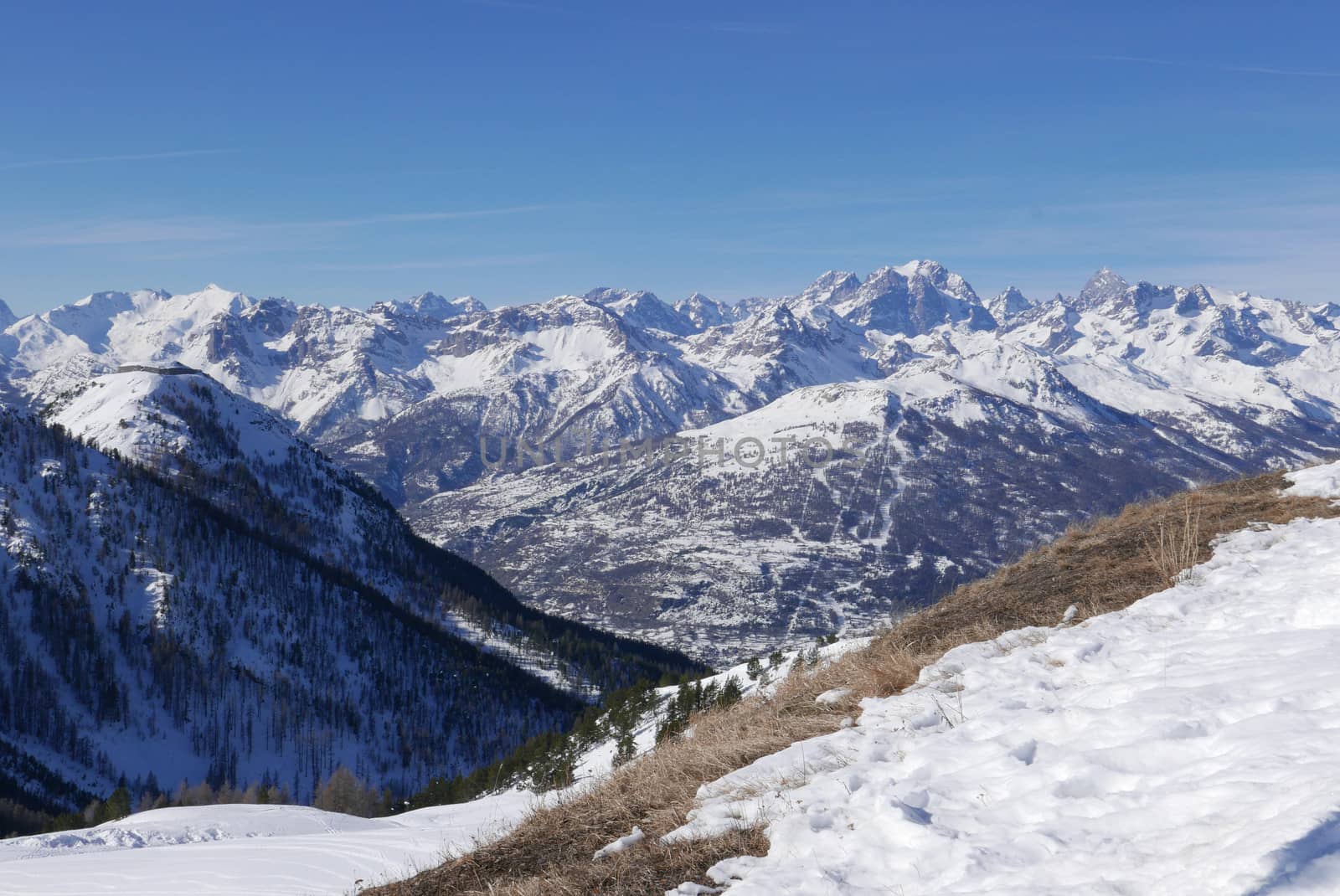 snowy landscape of Montgenvre in the high Alps in winter, france