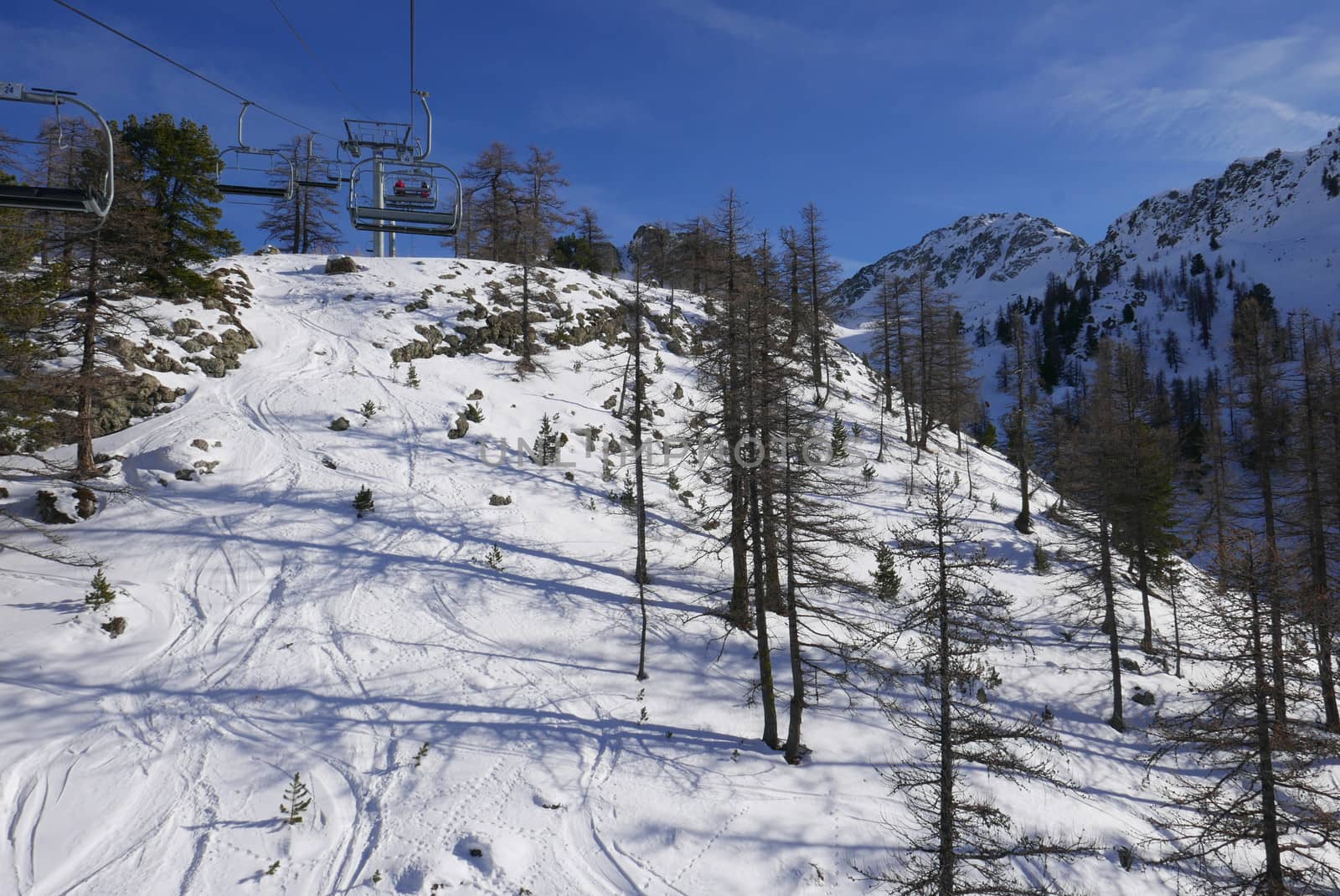 snowy landscape of Montgenvre in the high Alps in winter, france