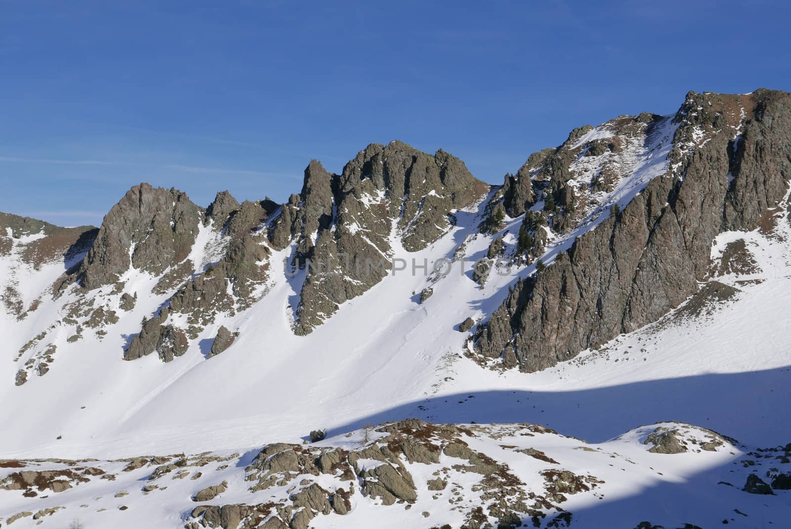 snowy landscape of Montgenvre in the high Alps in winter, france