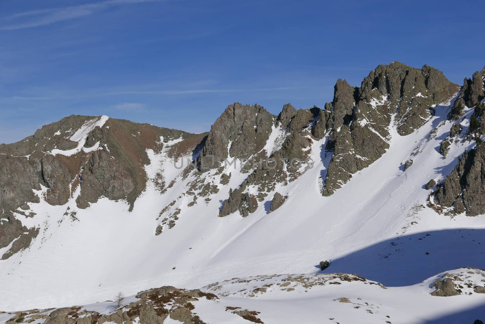 snowy landscape of Montgenvre in the high Alps in winter, france