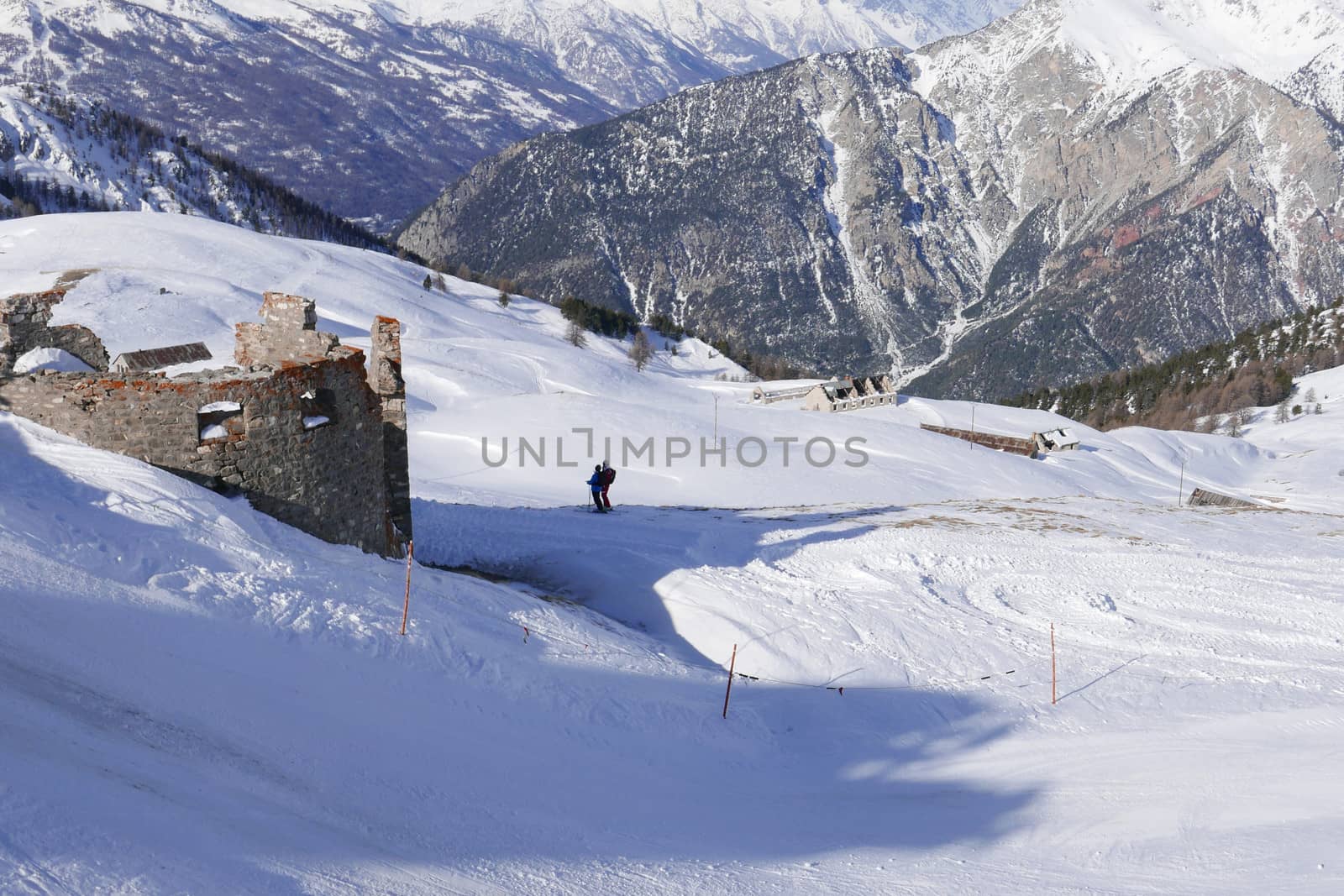 snowy landscape of Montgenvre in the high Alps in winter, france