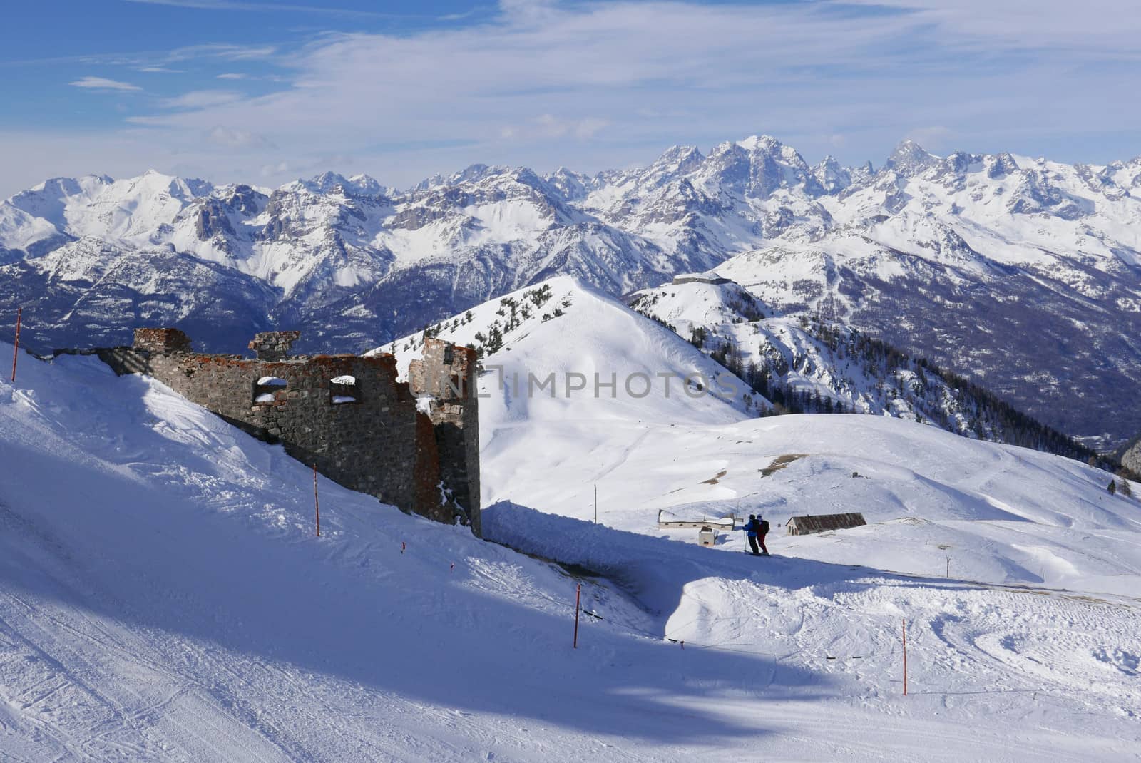 snowy landscape of Montgenvre in the high Alps in winter, france