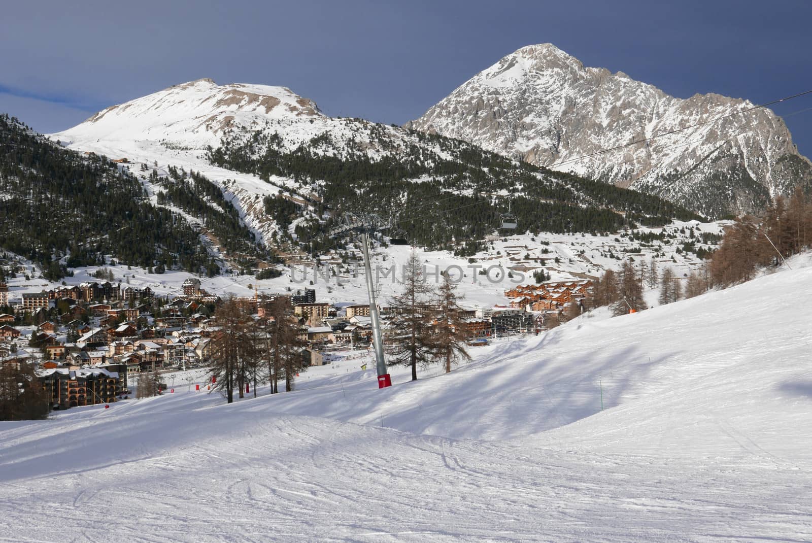 snowy landscape of Montgenvre in the high Alps in winter, france