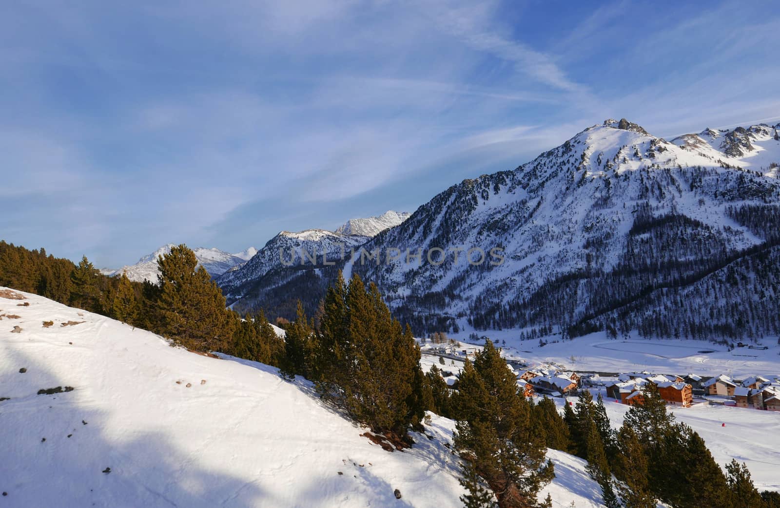 snowy landscape of Montgenvre in the high Alps in winter, france