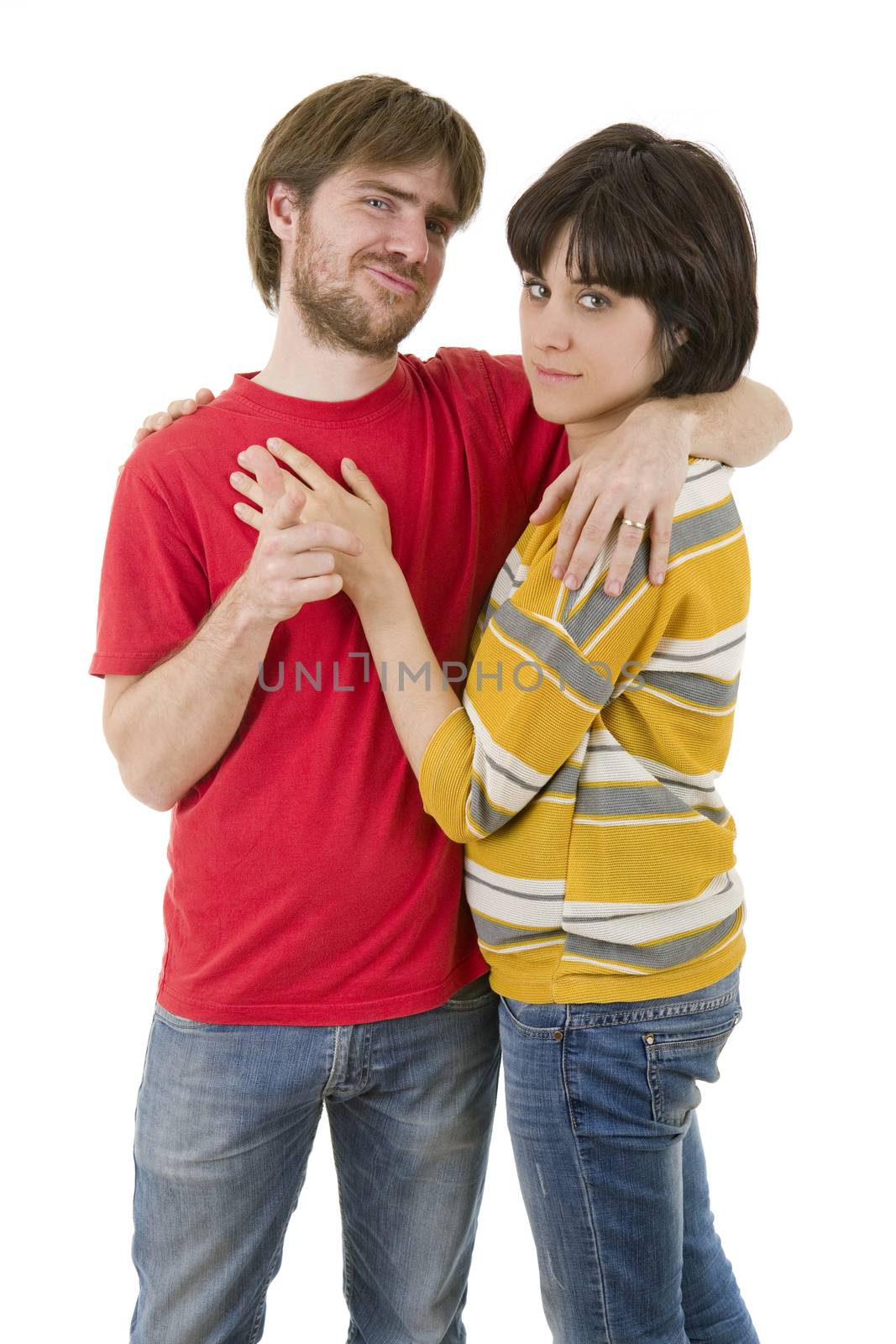 young casual happy couple, isolated on white background