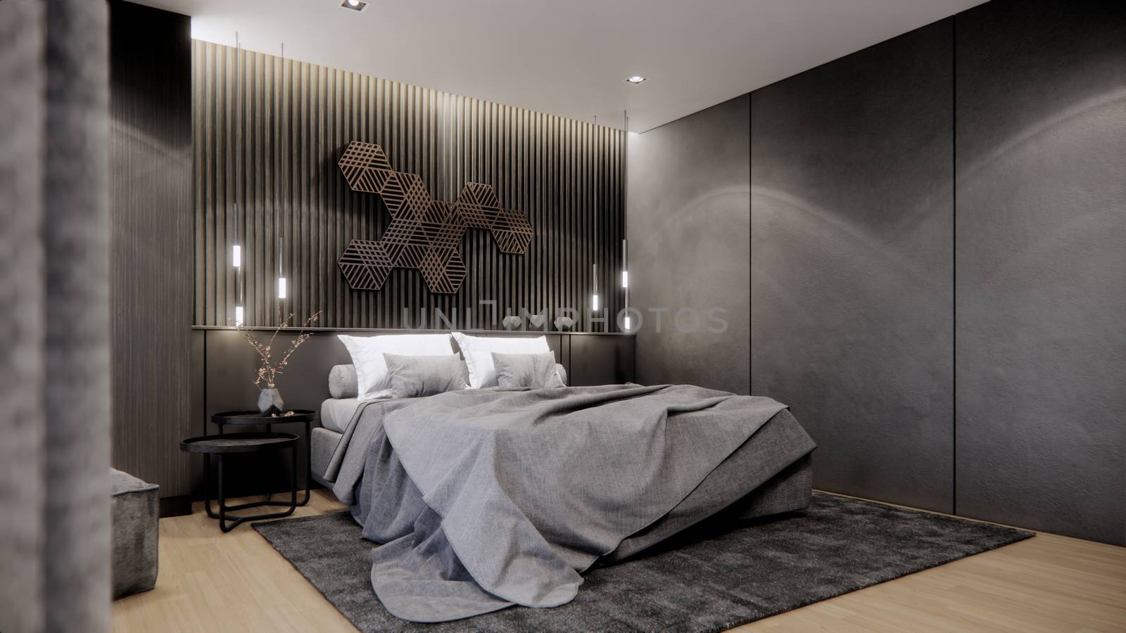 interior design of modern bedroom with double bed, 3D render background