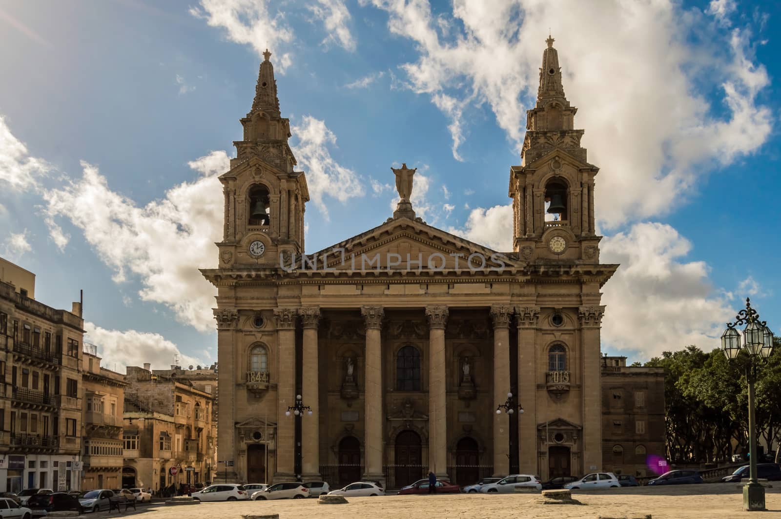 St Publius Cathedral Church or Floriana Parish Church with Neoclassical portico and bell towers, Malta